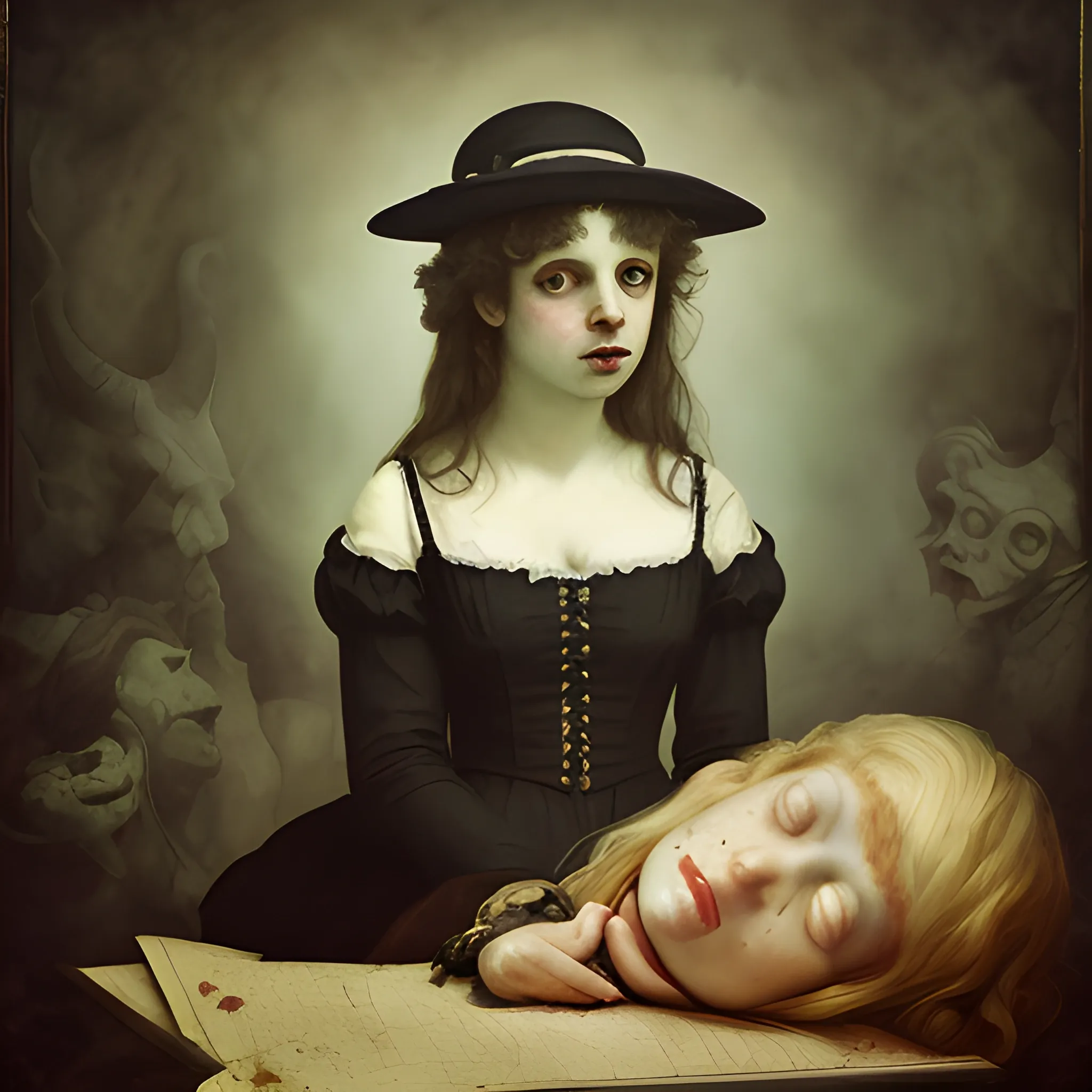 create a reproduction of a female portrait  "The Sleep of Reason Produces Monsters" by Francisco Goya. Whimsical elements, eerie atmosphere, chaotic background. Photorealism, Color Photography, , 3D, Water Color, Oil Painting, Trippy