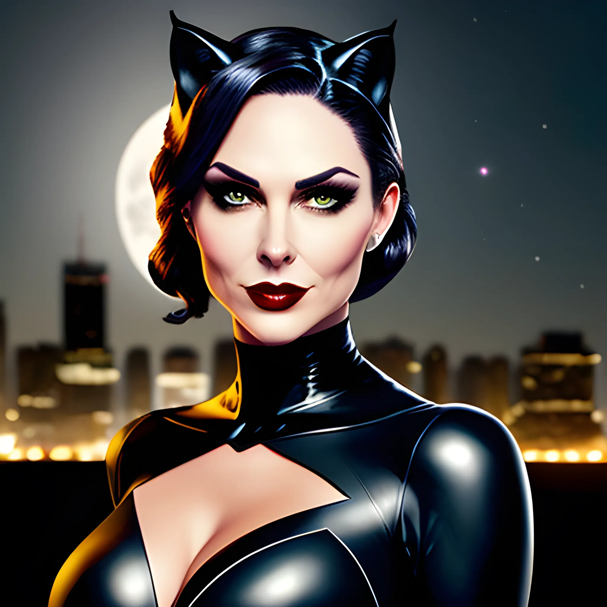 Charming young catwoman in strong light night, realistic portrait style under moonlight