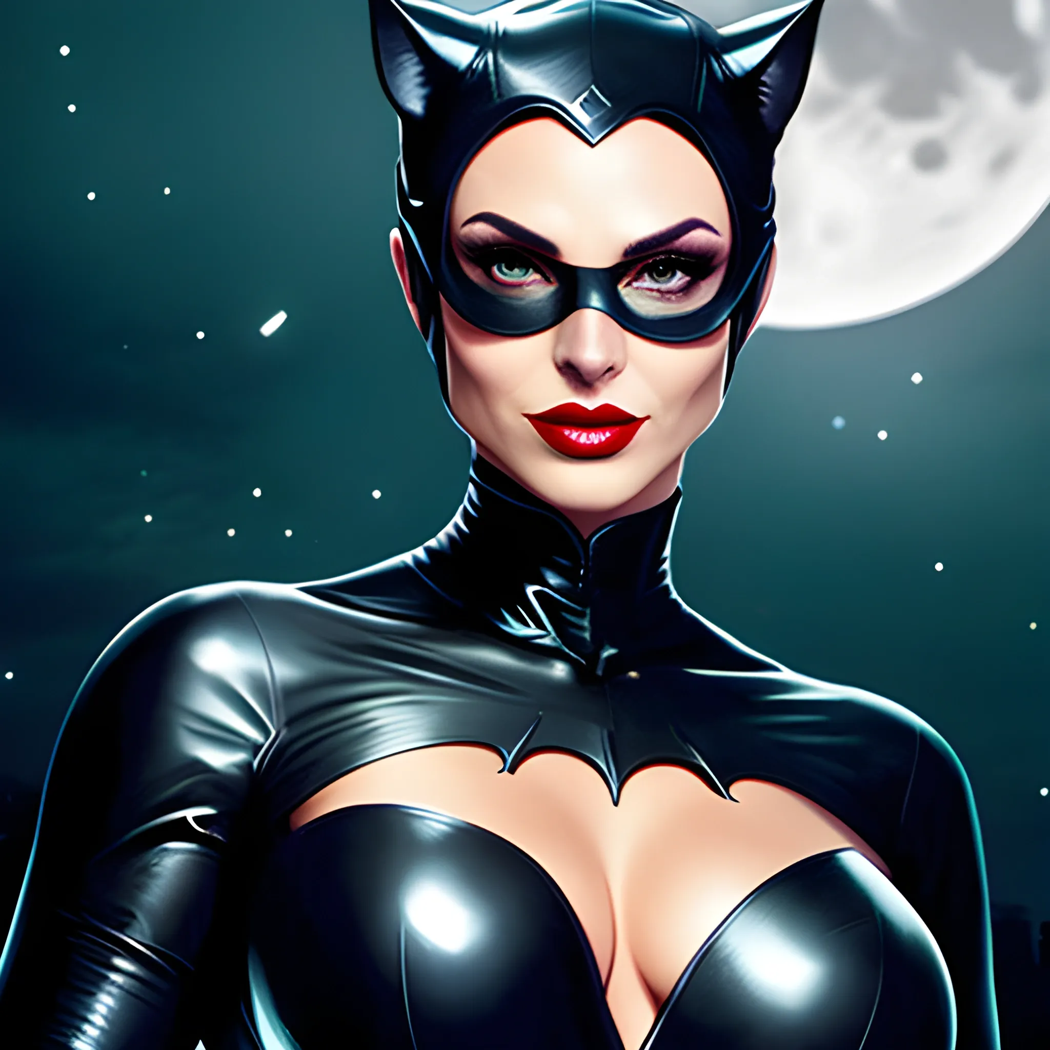 Charming young catwoman in strong light night, realistic portrait style under moonlight