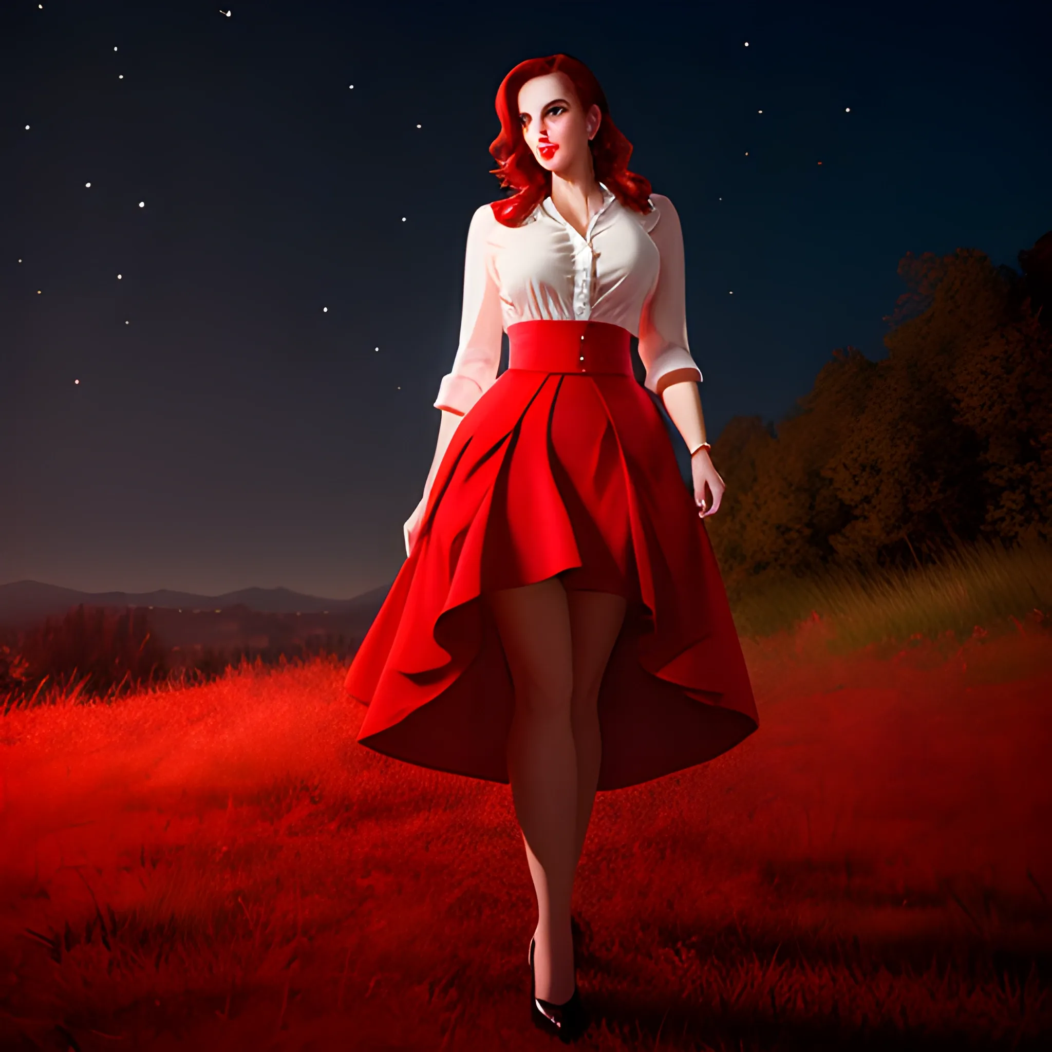 Charming young woman with red skirt in strong light night, realistic portrait style under moonlight