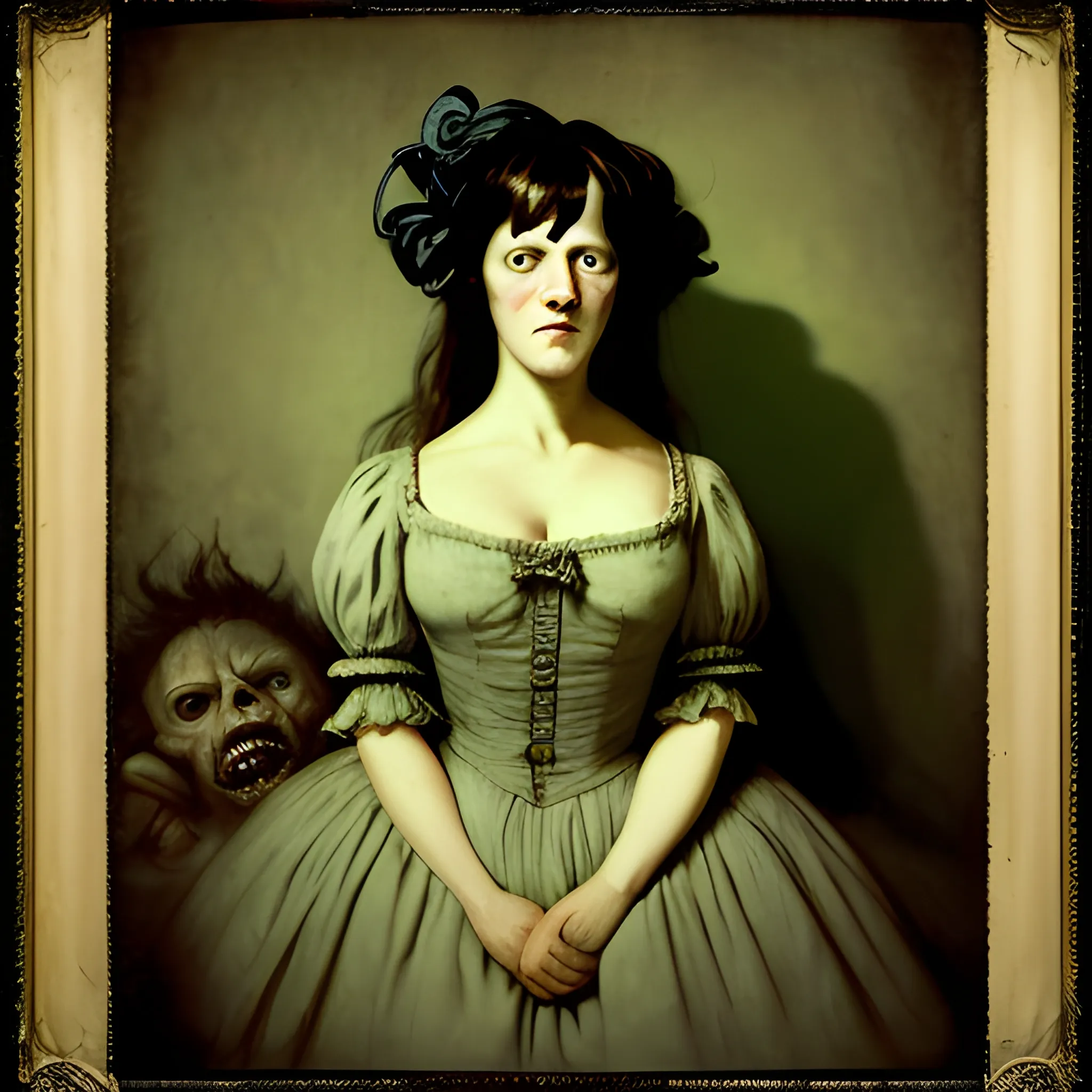 create a reproduction of  a female portrait of "The Sleep of Reason Produces Monsters" by Francisco Goya.
 Whimsical elements, eerie atmosphere, chaotic background. Photorealism, Color Photography, Mid-20th Century-Present.