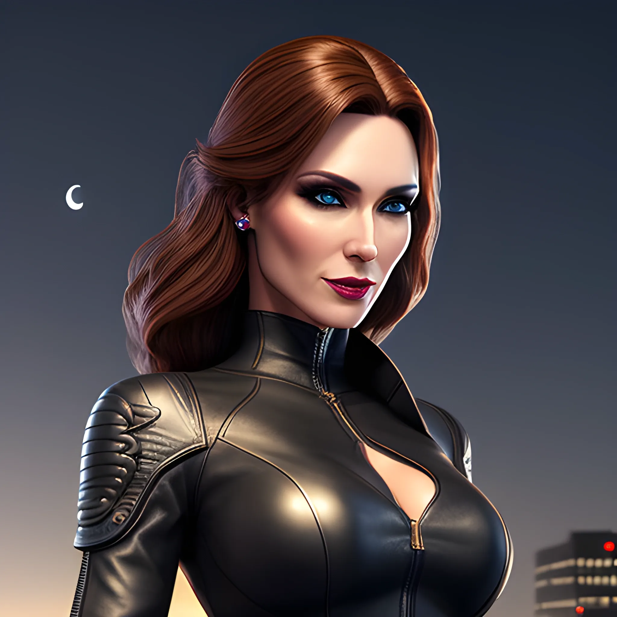 Charming young future girl with skinny leather dress in strong light night, 3d, highly detailed, realistic portrait style under moonlight