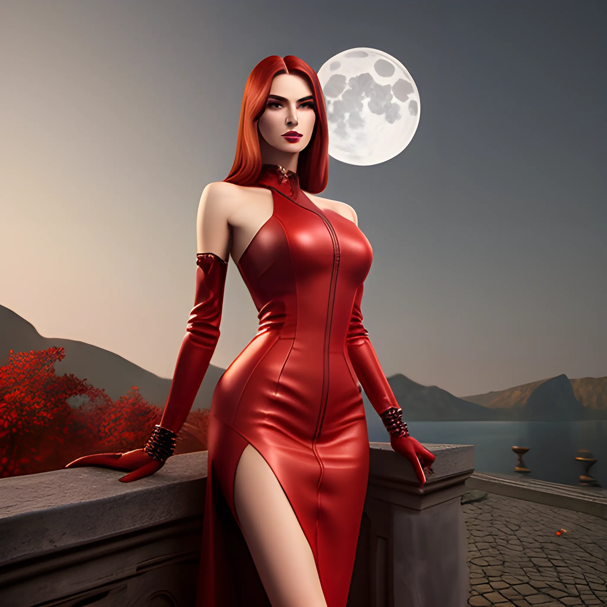 Charming young future girl with skinny red leather dress and long legs  in strong light night, 3d, highly detailed, realistic portrait style under moonlight