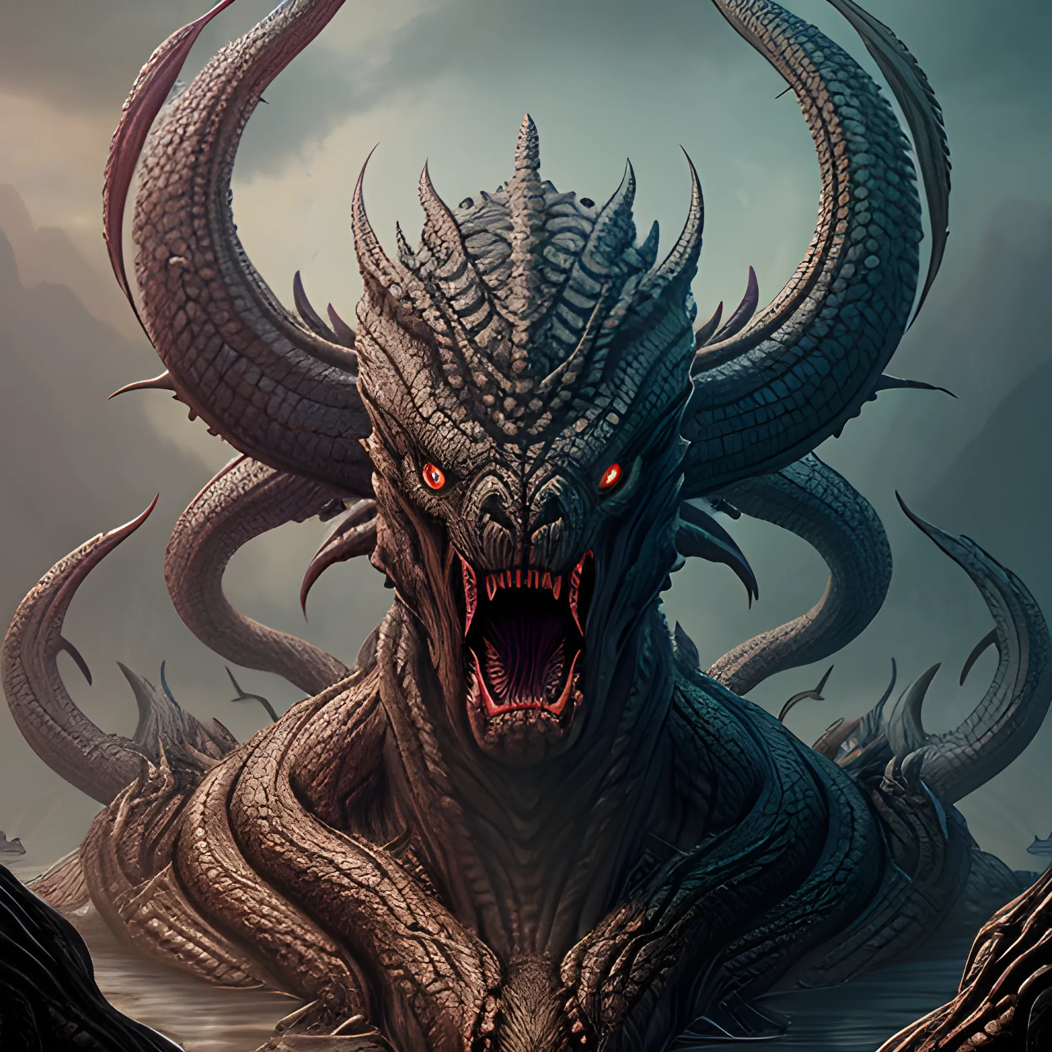 hydra monster with many heads,, 8k, high resolution, high quality, photorealistic, hyperealistic, detailed, detailed matte painting, deep color, fantastical, intricate detail, splash screen, complementary colors, fantasy concept art, dark
