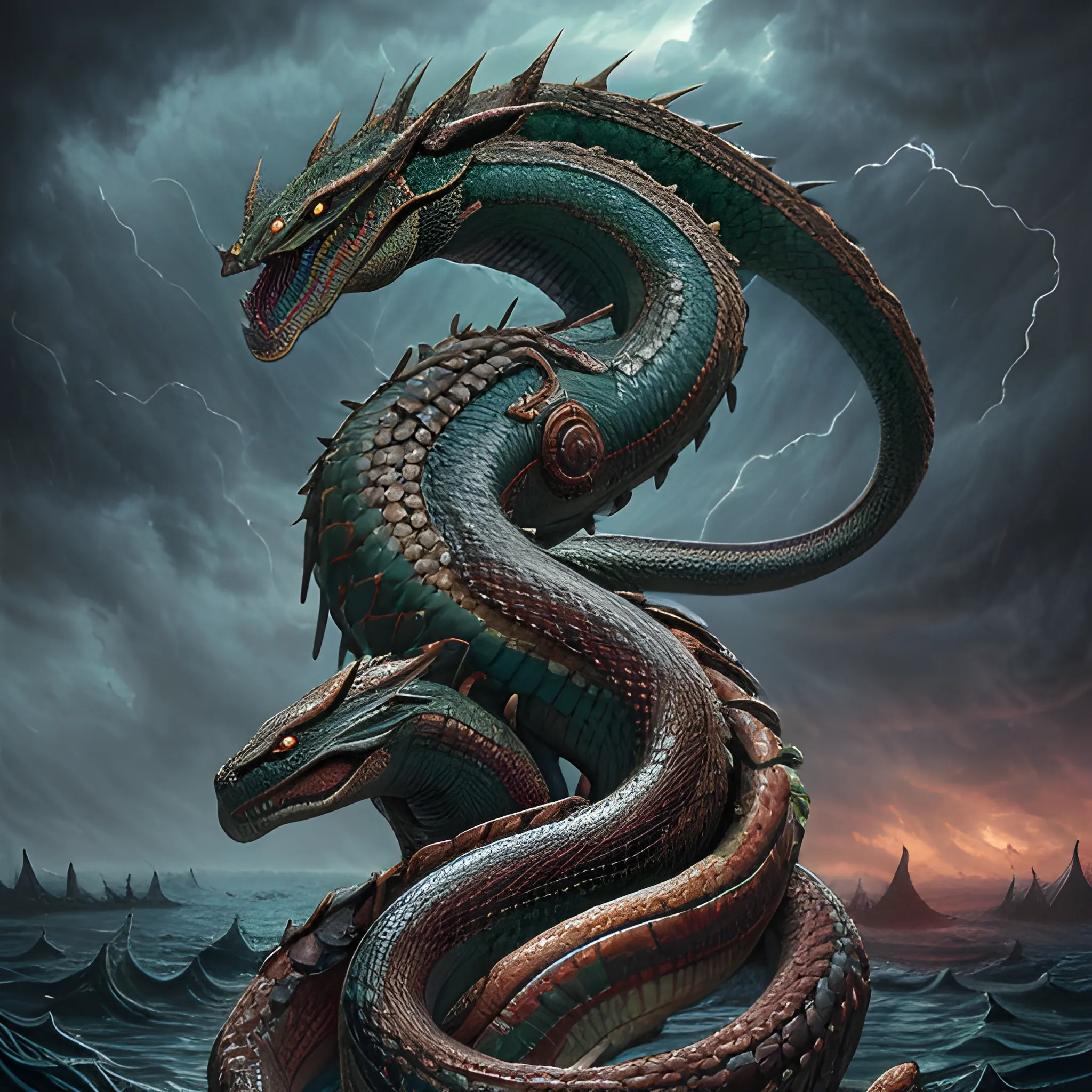 Serpent monster with many heads,, 8k, high resolution, high quality, photorealistic, hyperealistic, detailed, deep color, fantastical, intricate detail, splash screen, complementary colors, fantasy concept art, dark lake, stormy weather 
