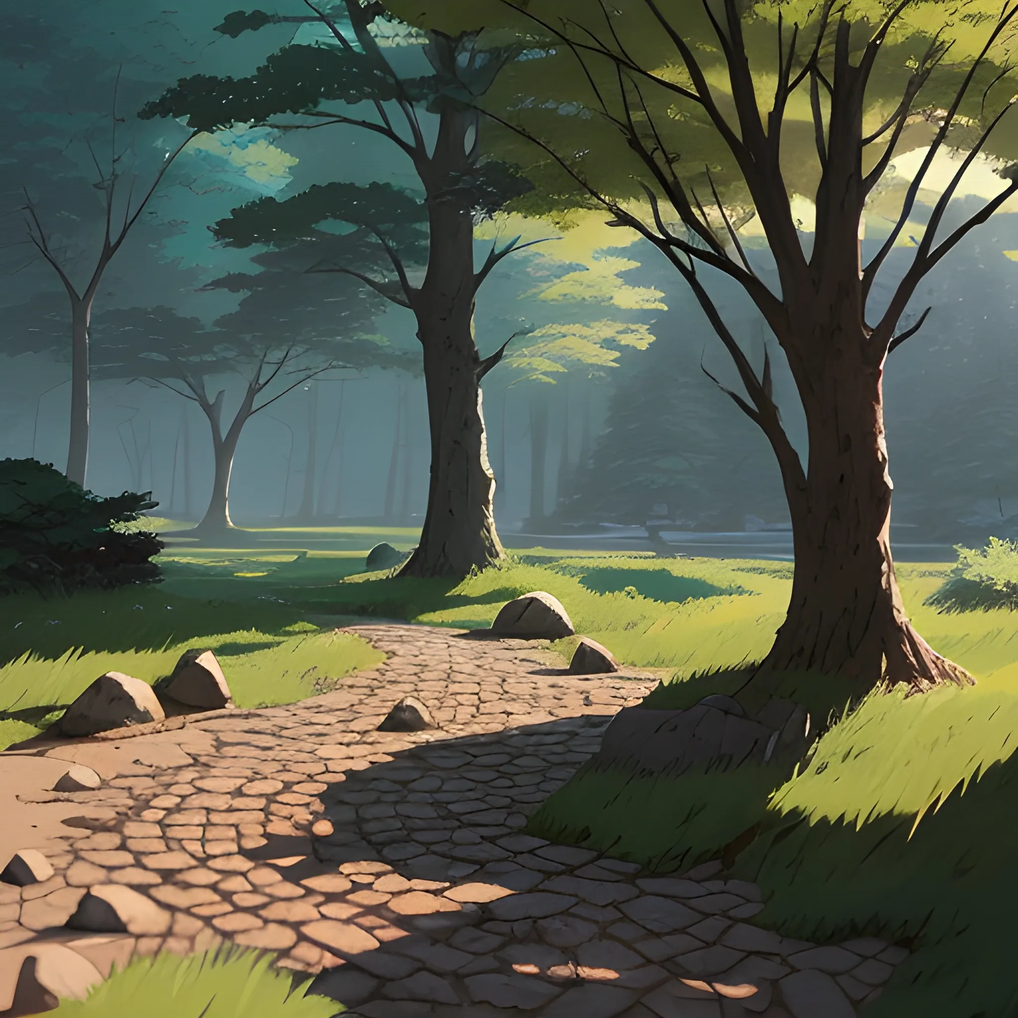 cracked ground with pebbles, rocks, with a few trees in the distance...in the style of makoto shinkai and greg rutkowski and albert bierstadt and james gurney