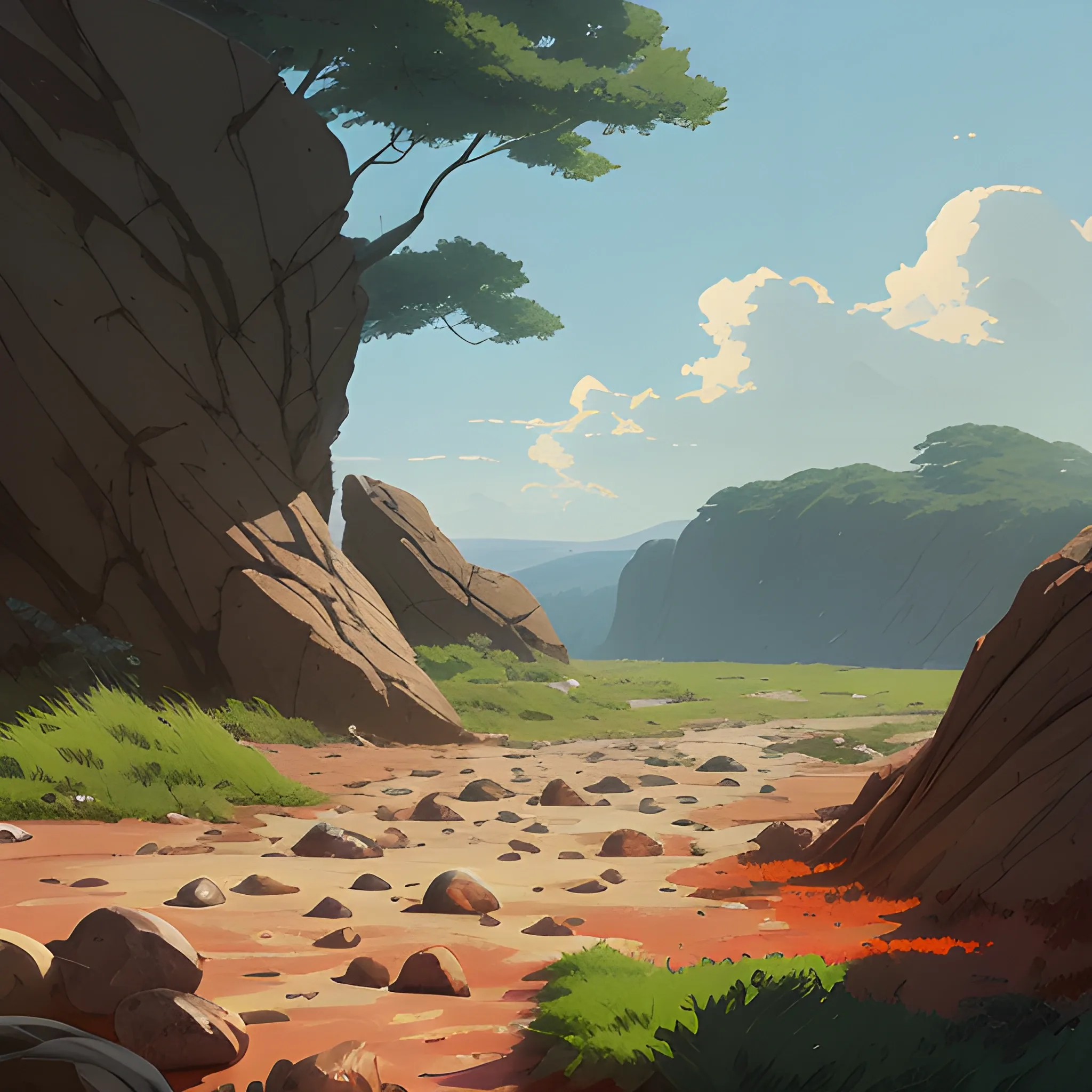 cracked ground with pebbles... in the style of makoto shinkai and greg rutkowski and albert bierstadt and james gurney