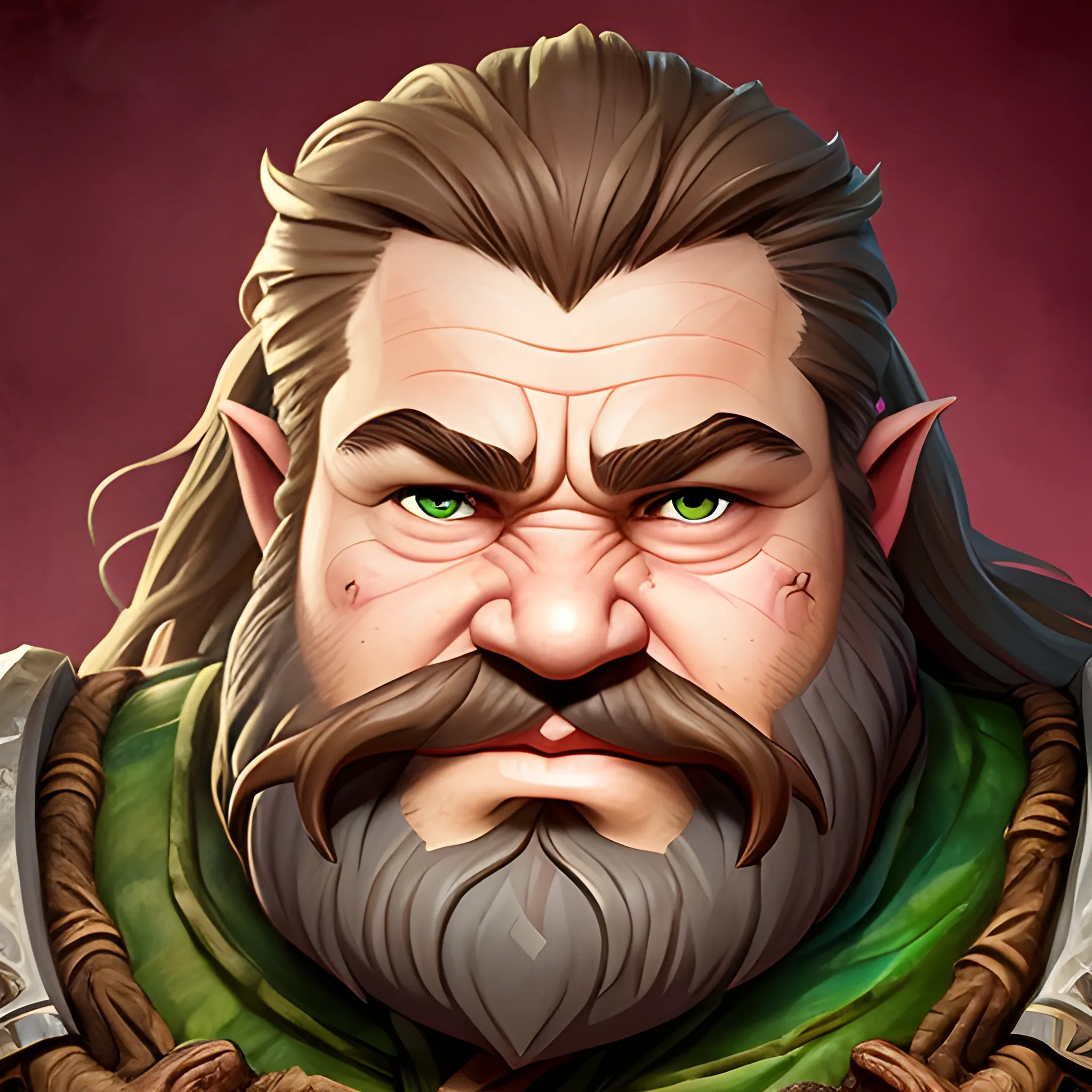 Generate a portrait of a fantasy dwarf inspired by the styles of Warcraft and Tolkien. Envision the character in explorer's clothing, focusing on a bust shot to highlight the upper body. Emphasize the dwarf's middle-aged appearance, with green eyes, wearing goggles, and long, flowing, wavy brown hair and beard. Depict the dwarf as ruggedly handsome, incorporating subtle battle scars to convey a sense of experience and resilience. Infuse the portrait with character and detail, capturing the essence of a formidable yet appealing fantasy figure., Water Color