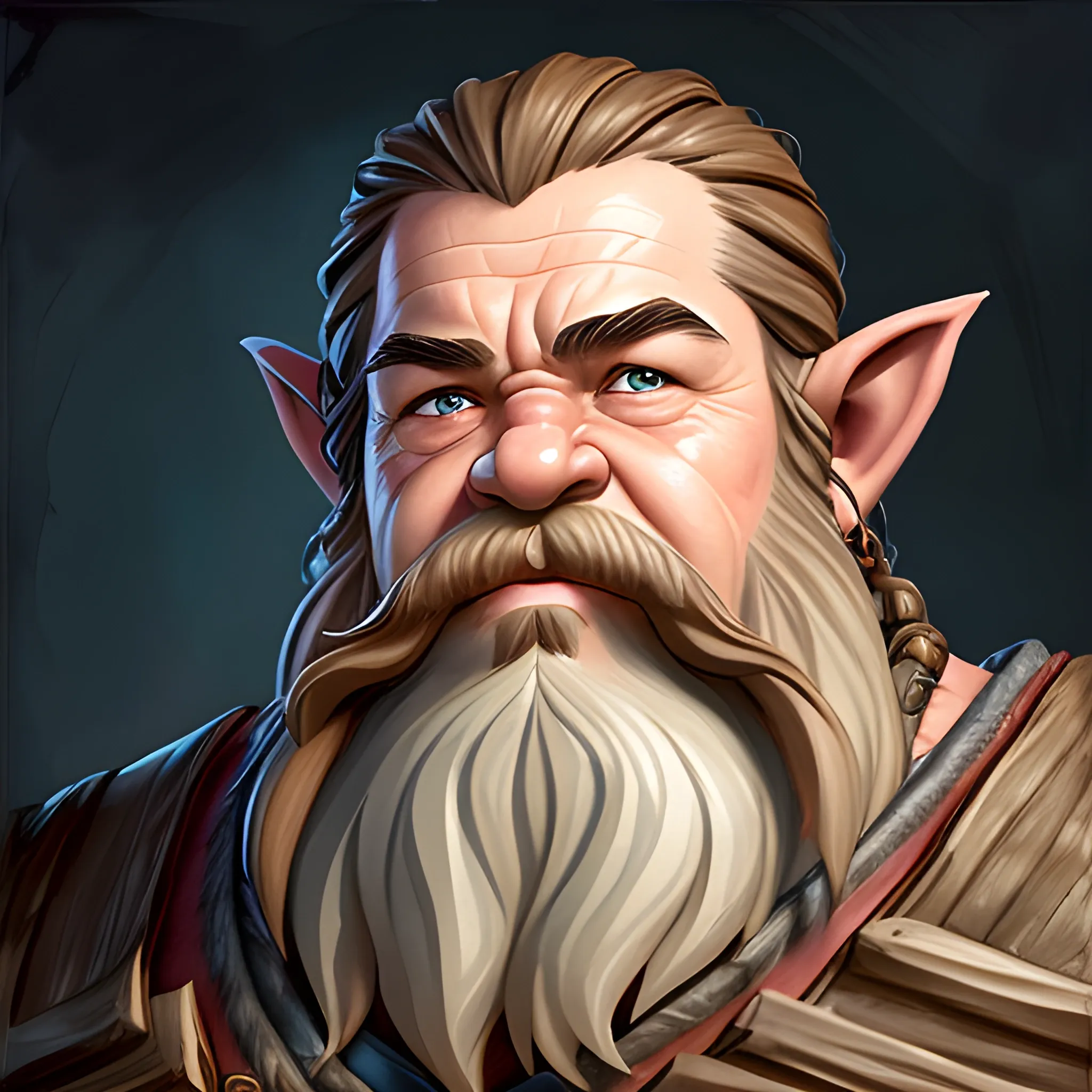 Generate a portrait of a fantasy dwarf inspired by the styles of Warcraft and Tolkien. Envision the character in explorer's clothing, focusing on a bust shot to highlight the upper body. Emphasize the dwarf's middle-aged appearance, with  goggles, and long, flowing, brown hair and intricately braided beard. Depict the dwarf as ruggedly handsome, incorporating subtle battle scars to convey a sense of experience and resilience. Infuse the portrait with character and detail, capturing the essence of a formidable yet appealing fantasy figure., Water Color