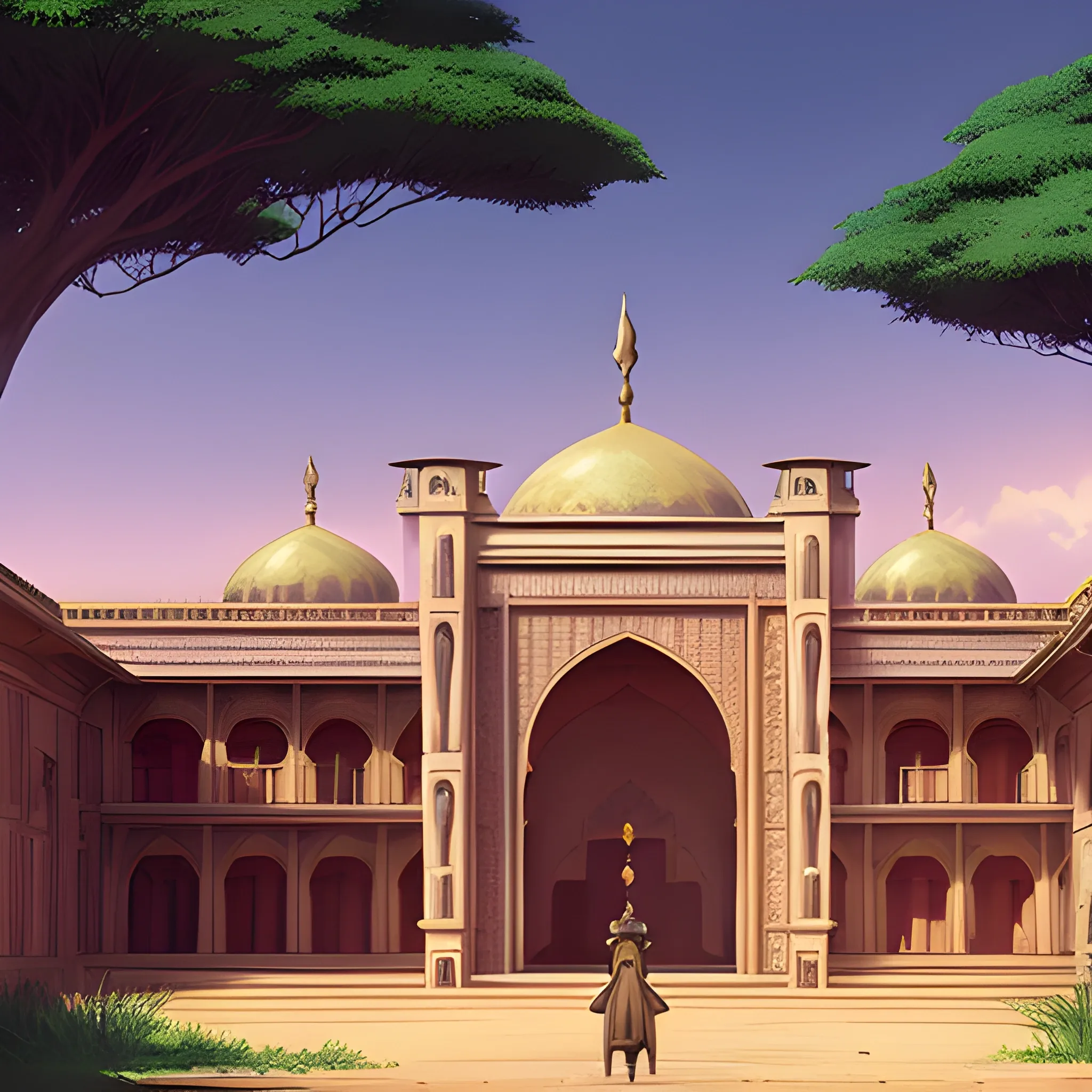 large African royal palace with large statuettes... in the style of makoto shinkai and greg rutkowski and albert bierstadt and james gurney