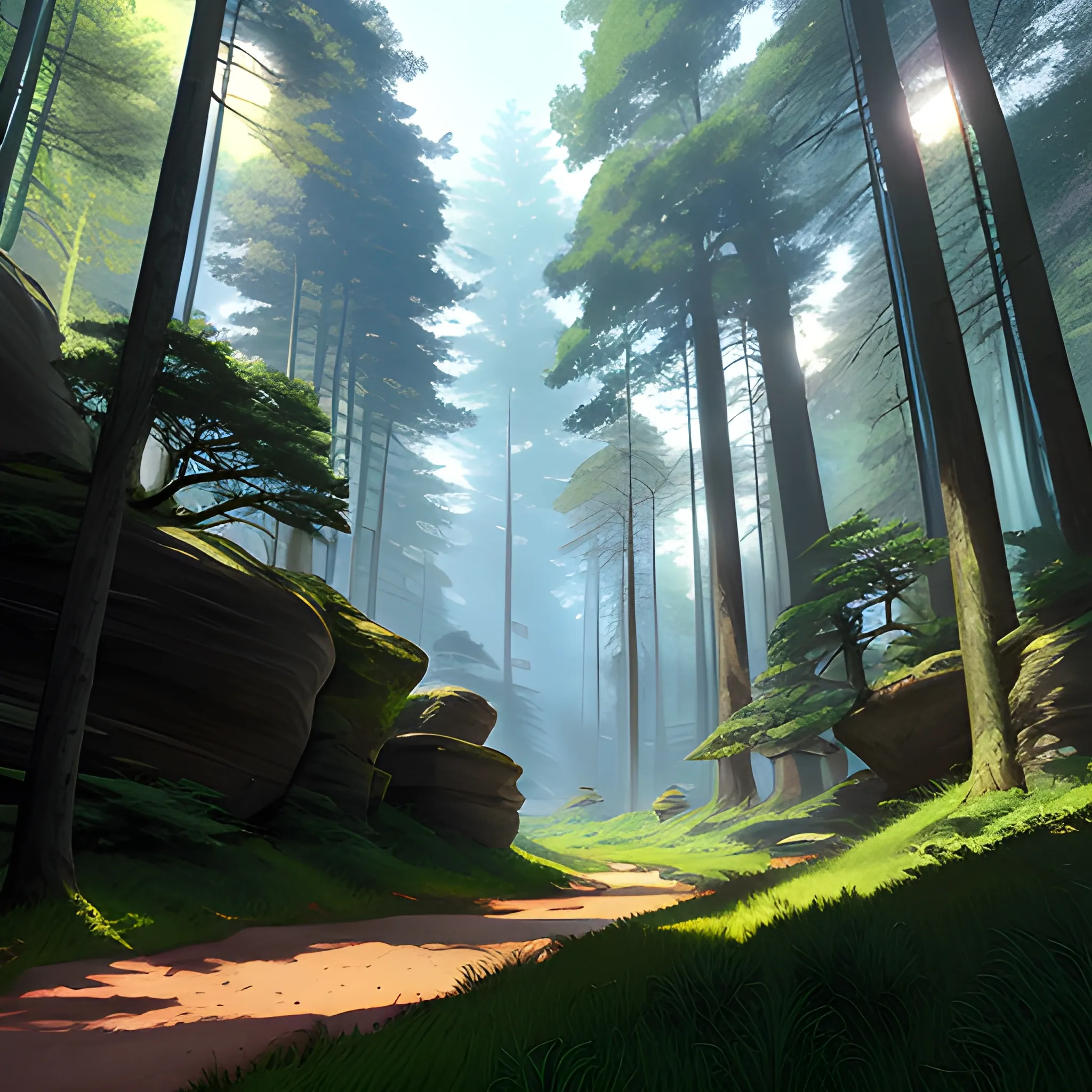 a huge forest with tall trees, rocks, tall grass, a small stream... in the style of makoto shinkai and greg rutkowski and albert bierstadt and james gurney 