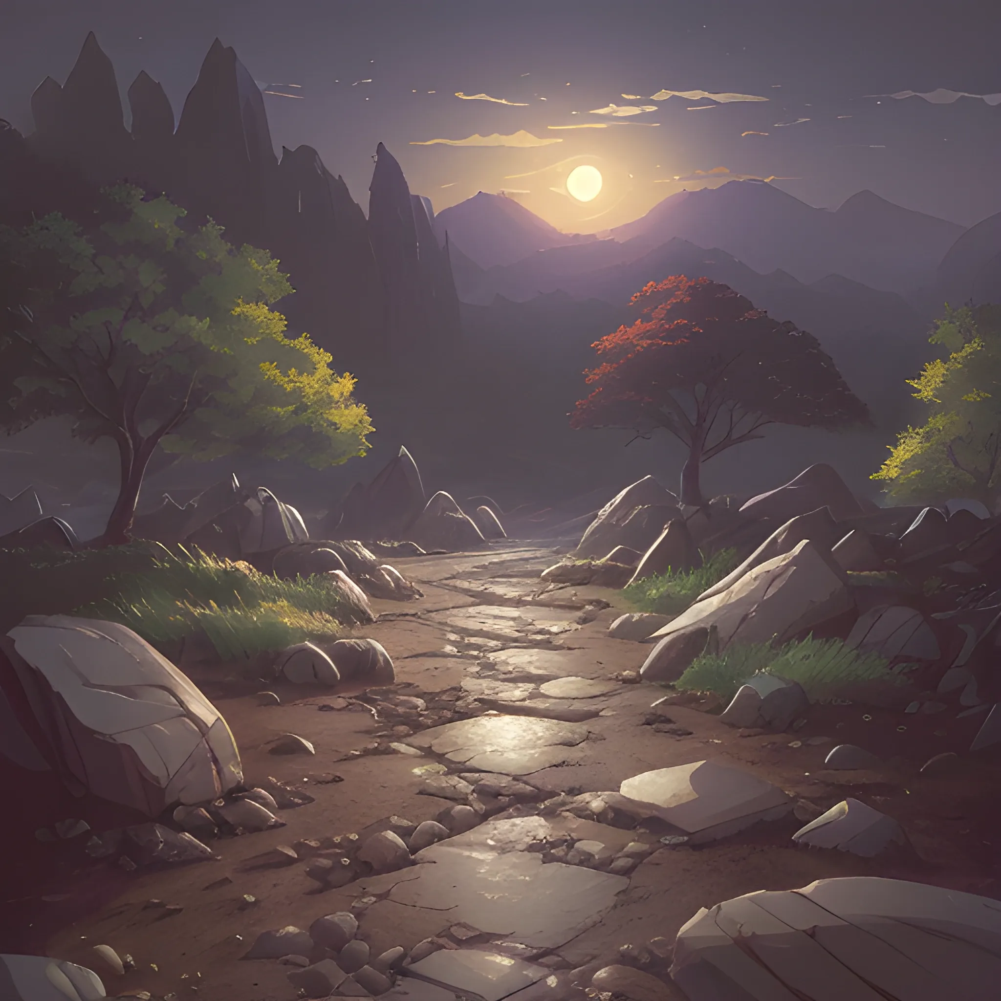 cracked ground with pebbles, rocks, night... in the style of makoto shinkai and greg rutkowski and albert bierstadt and james gurney