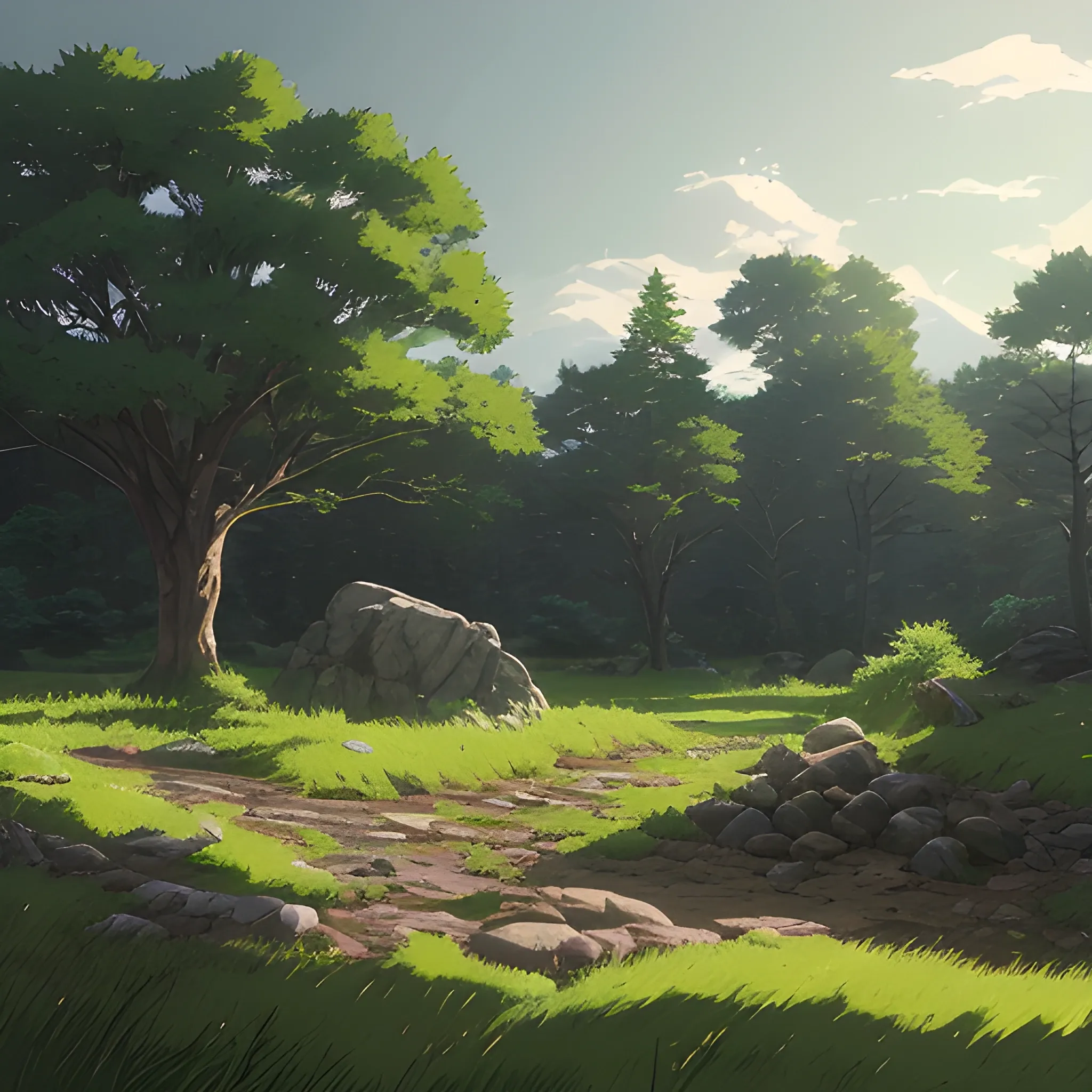 cracked ground, with rocks, trees and grass, full night... in the style of makoto shinkai and greg rutkowski and albert bierstadt and james gurney 