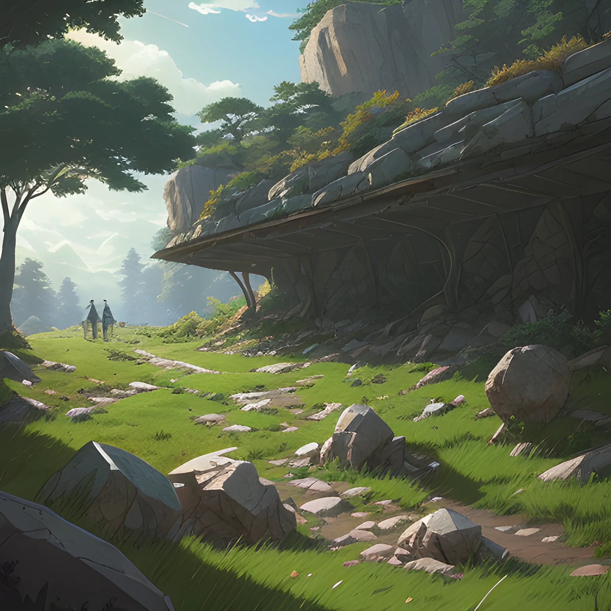 cracked ground, with rocks, trees and grass, full night... in the style of makoto shinkai and greg rutkowski and albert bierstadt and james gurney 