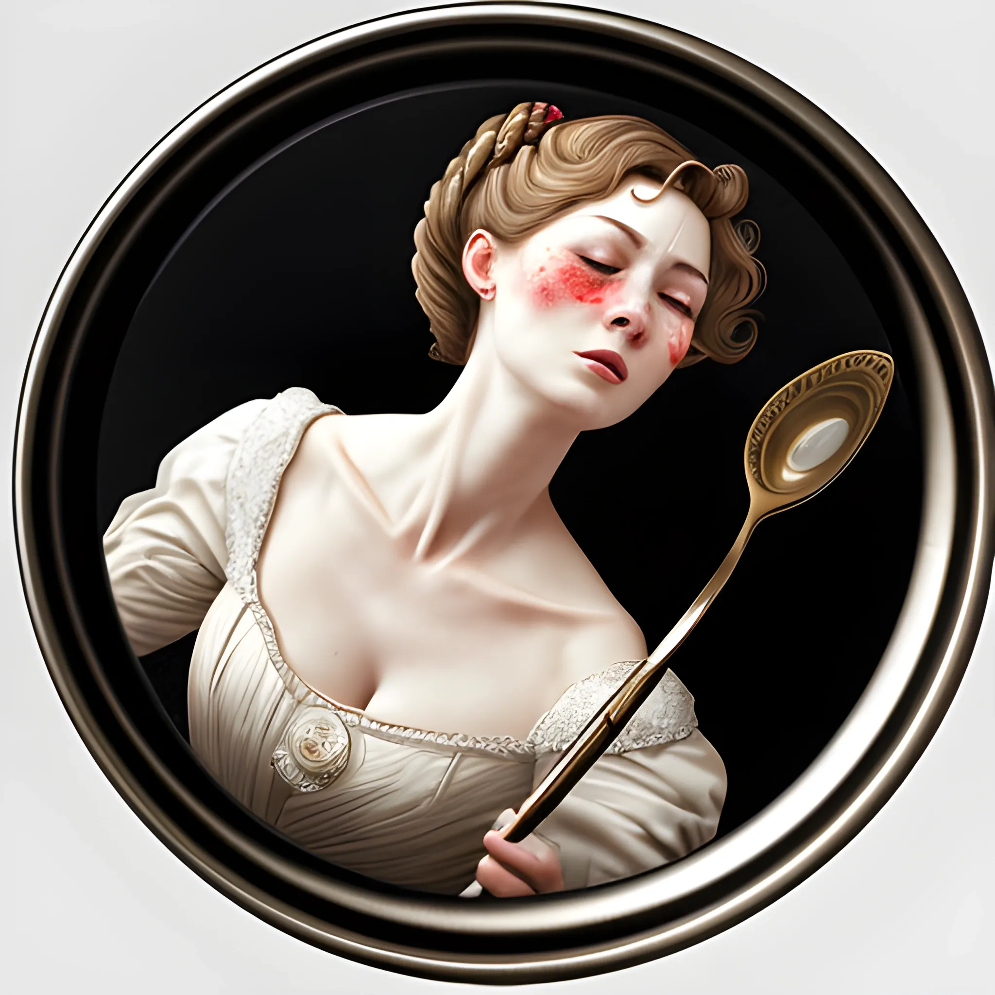 An elegant lady being hit in the head by a frying pan, eye-catching detail, realistic ultra-detailed