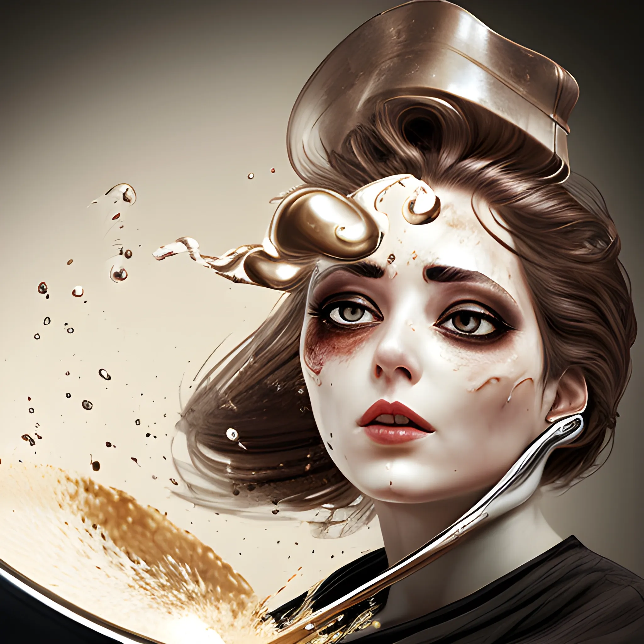 An elegant lady being hit in the head by a frying pan, eye-catching detail, realistic ultra-detailed