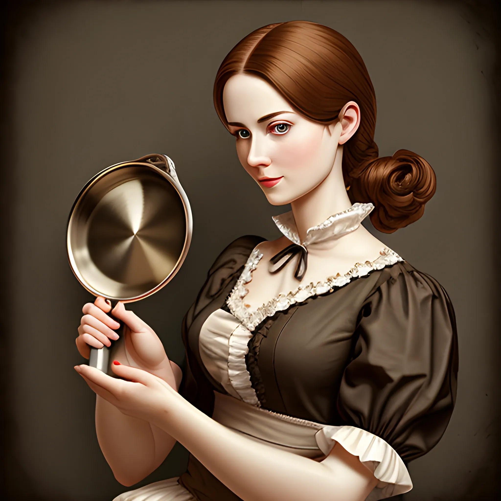 An elegant lady holdingf a frying pan, eye-catching detail, realistic ultra-detailed