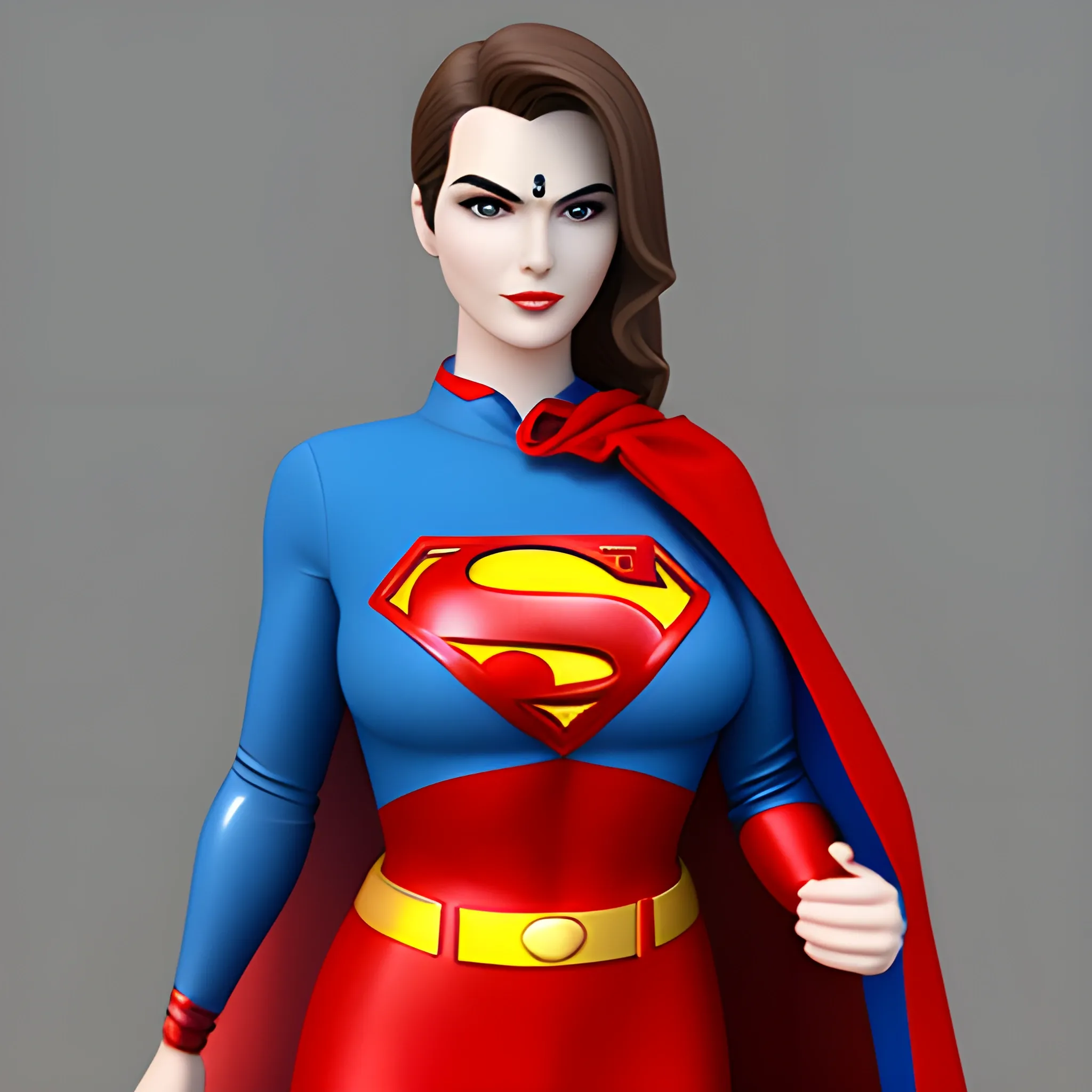 An elegant lady wearing a Superman costume, eye-catching detail, realistic ultra-detailed, Cartoon, 3D