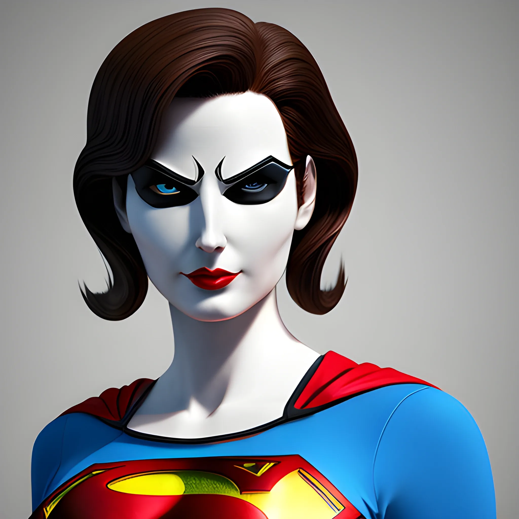 An elegant lady wearing a Superman costume, eye-catching detail, realistic ultra-detailed, Cartoon, 3D, Trippy