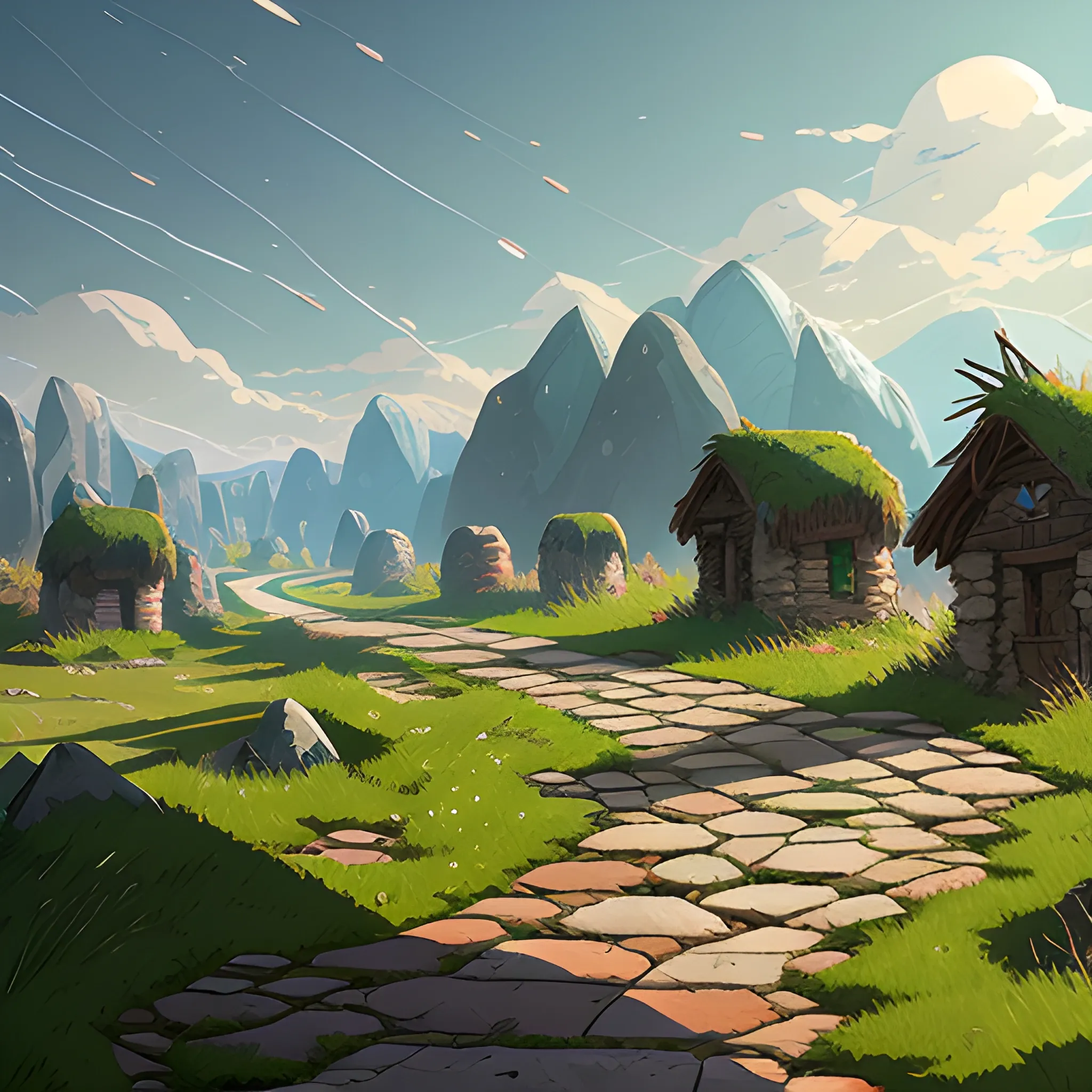 old cracked road with stones, small grass, rocks, huts with torn fabrics... in the style of makoto shinkai and greg rutkowski and albert bierstadt and james gurney