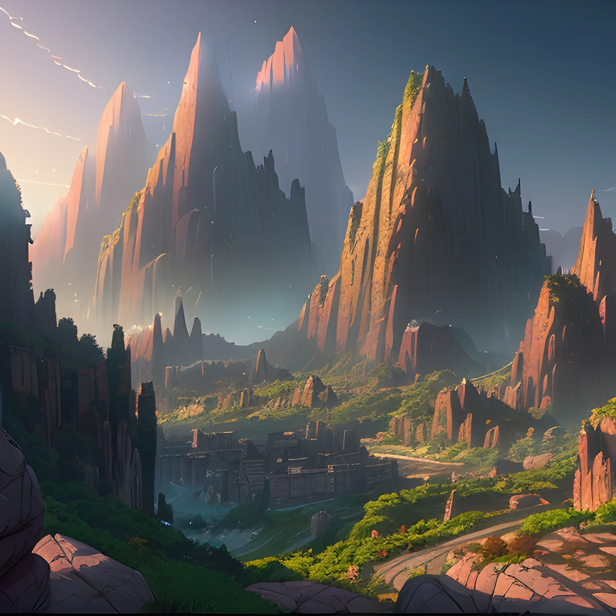 fantasy city with rocks, mountains in distance... in the style of makoto shinkai and greg rutkowski and albert bierstadt and james gurney