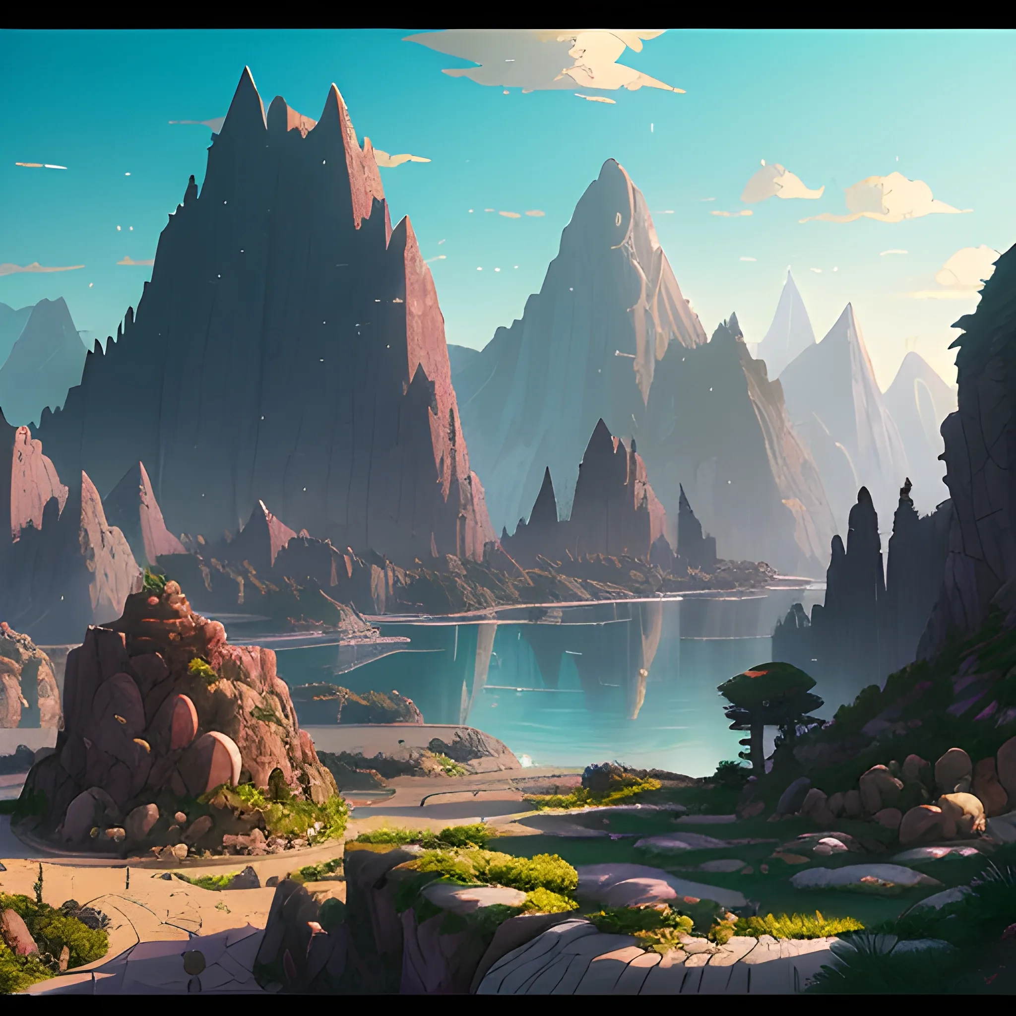 fantasy city with rocks, mountains in distance... in the style of makoto shinkai and greg rutkowski and albert bierstadt and james gurney