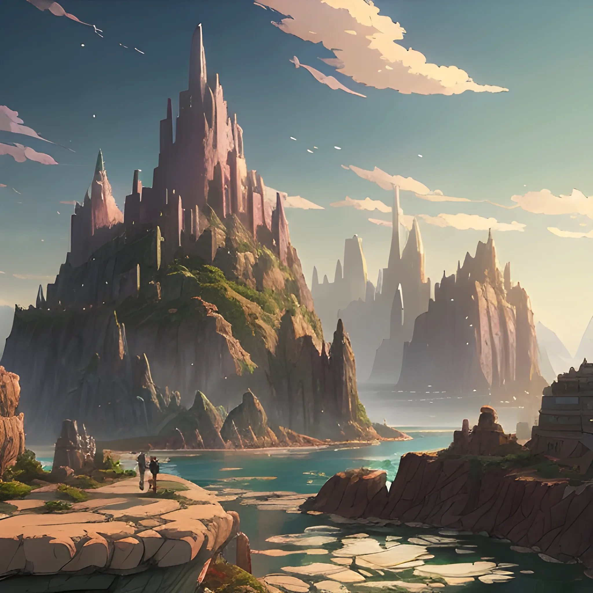 fantasy city with rocks... in the style of makoto shinkai and gr ...