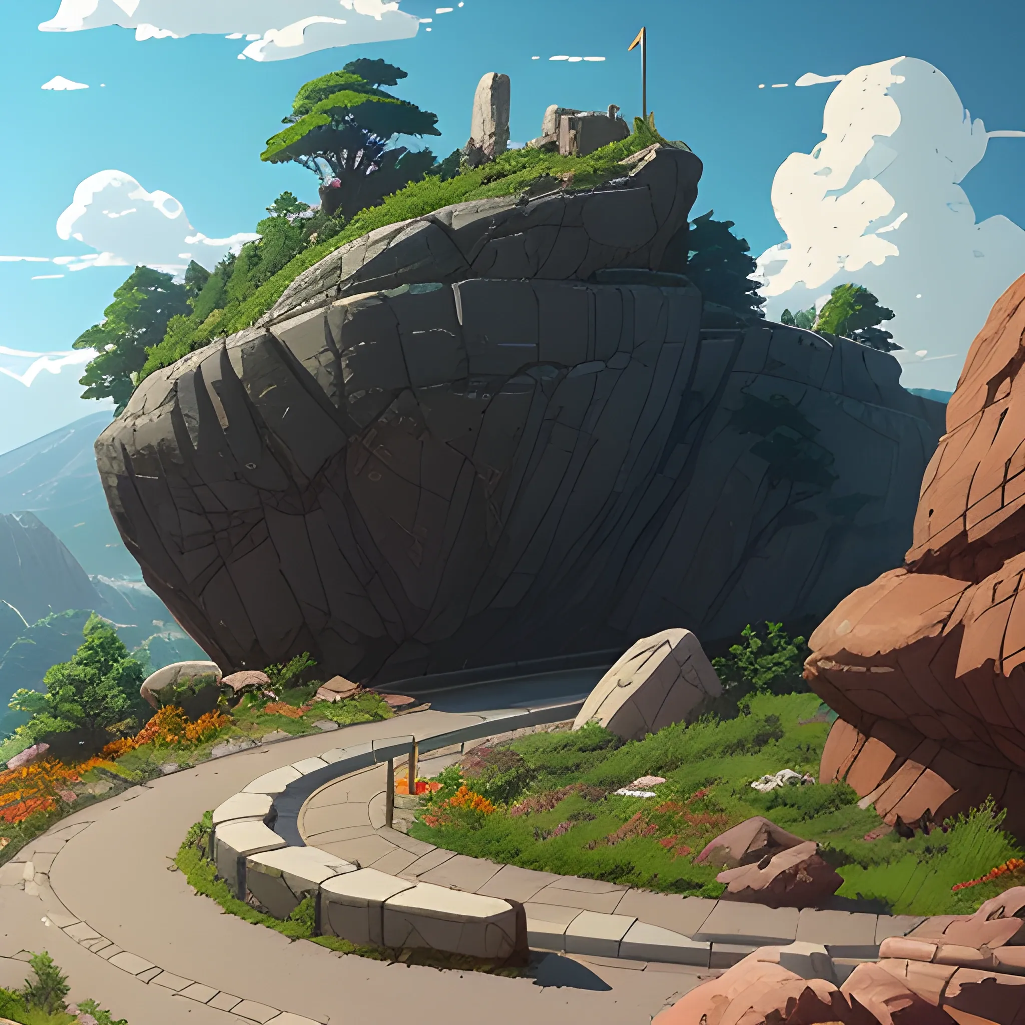 Play area, rock, with road.... in the style of makoto shinkai and greg rutkowski and albert bierstadt and james gurney