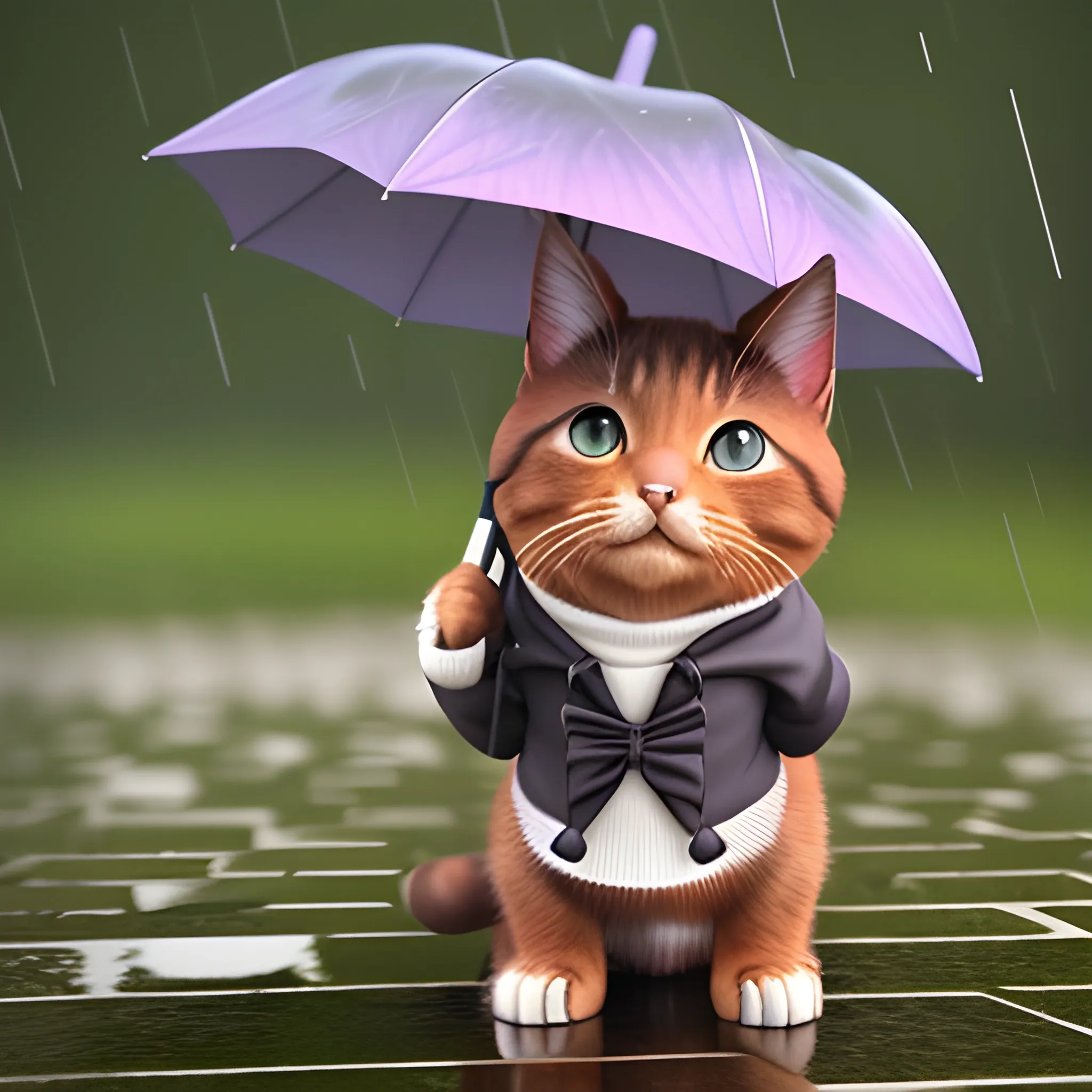 A cute brown cat holding an umbrella in the rain. The cat is wearing a long-sleeved wool jacket, 3D