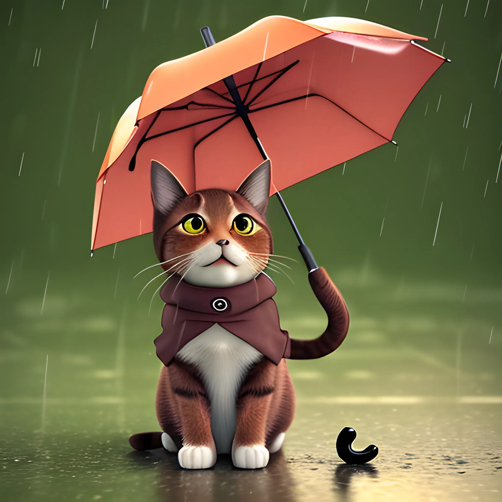 A cute brown cat holding an umbrella in the rain. The cat is wearing a long-sleeved wool jacket, 3D