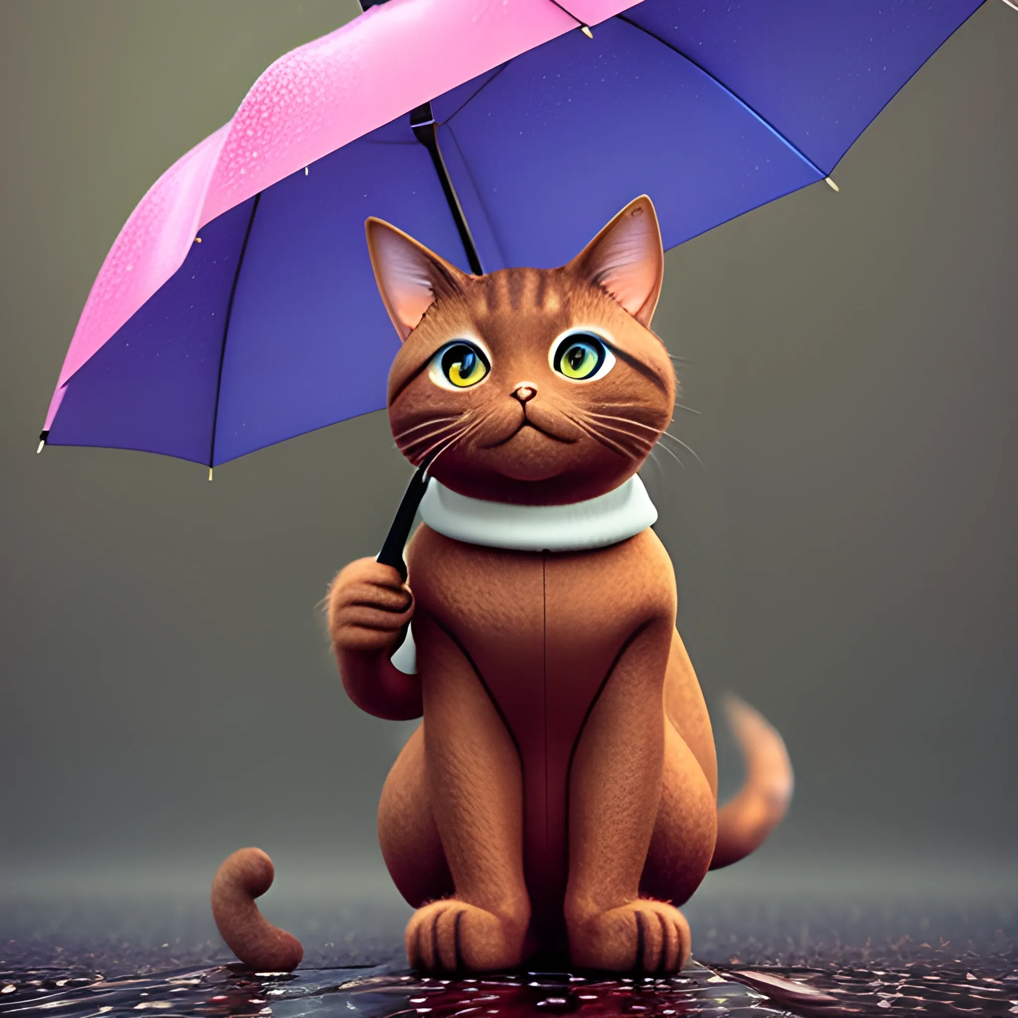 A cute brown cat holding an umbrella in the rain. The cat is wearing a long-sleeved wool jacket, 3D, Trippy