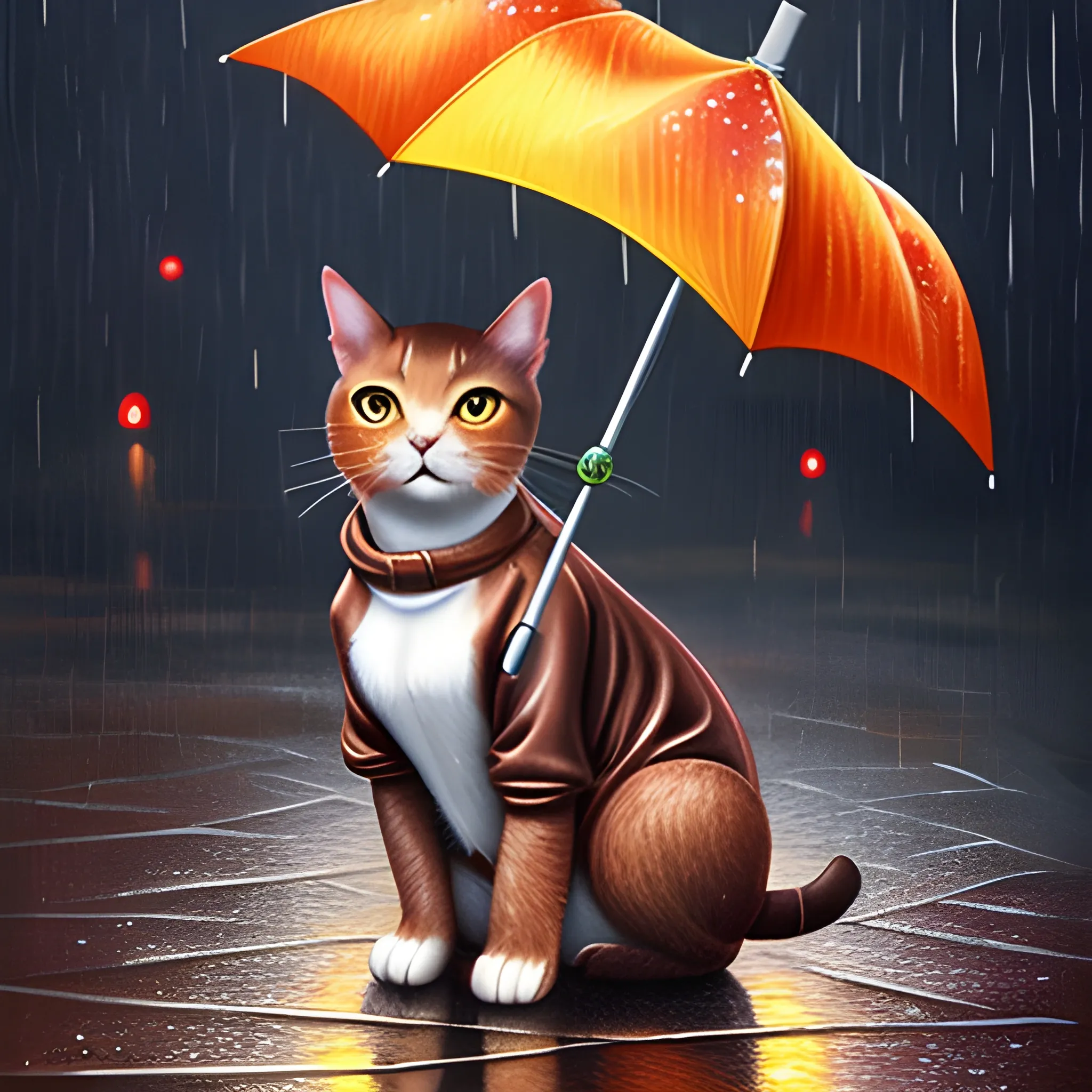 A cute brown cat holding an umbrella in the rain. The cat is wearing a long-sleeved wool jacket, 3D, Trippy, Oil Painting