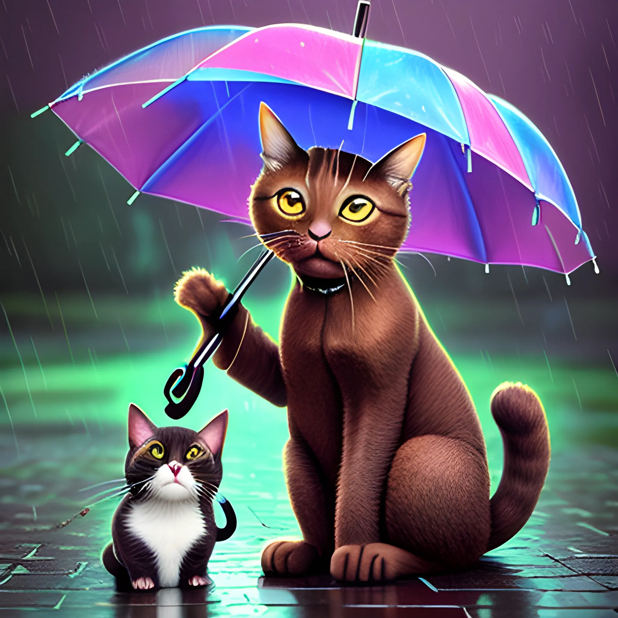 Real cute brown cat holding an umbrella in the rain. The cat is wearing a long-sleeved wool jacket, 3D, Trippy, Oil Painting, Trippy, 3D