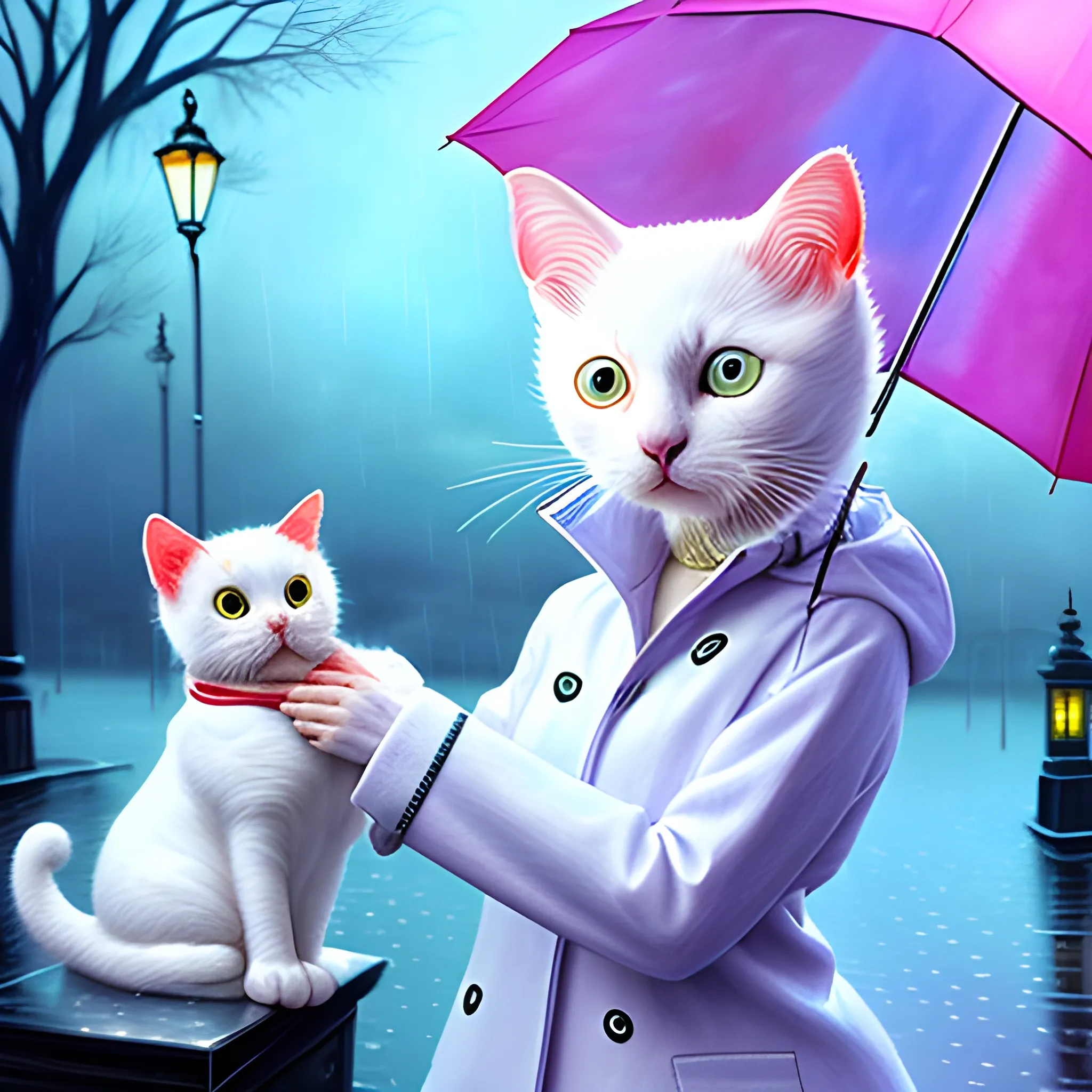 Real cute white cat holding an umbrella in the rain. The cat is wearing a long-sleeved wool jacket, 3D, Trippy, Oil Painting, Trippy, 3D,  close-up 