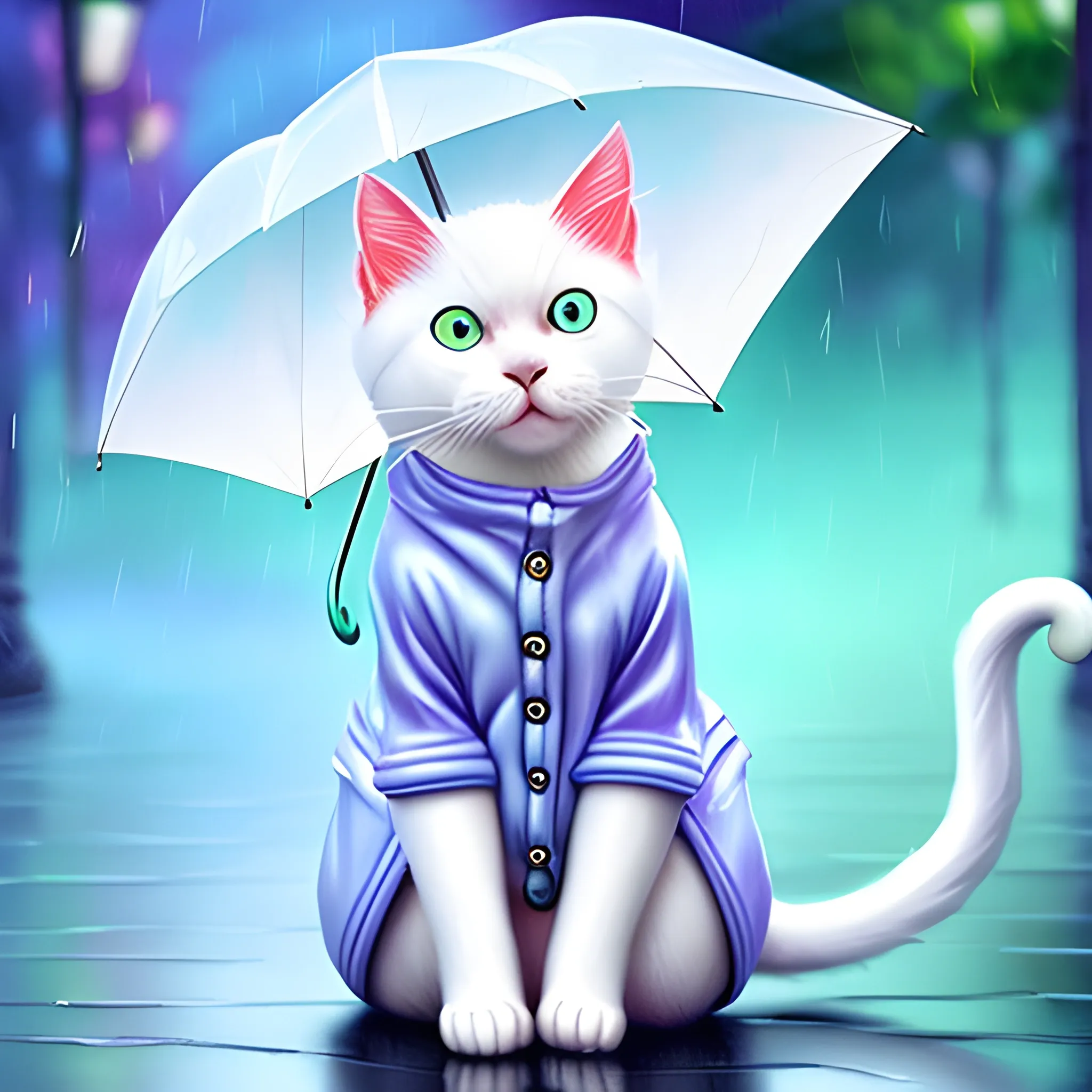 Real cute white cat holding an umbrella in the rain. The cat is wearing a long-sleeved wool jacket, 3D, Trippy, Oil Painting, Trippy, 3D,  close-up 