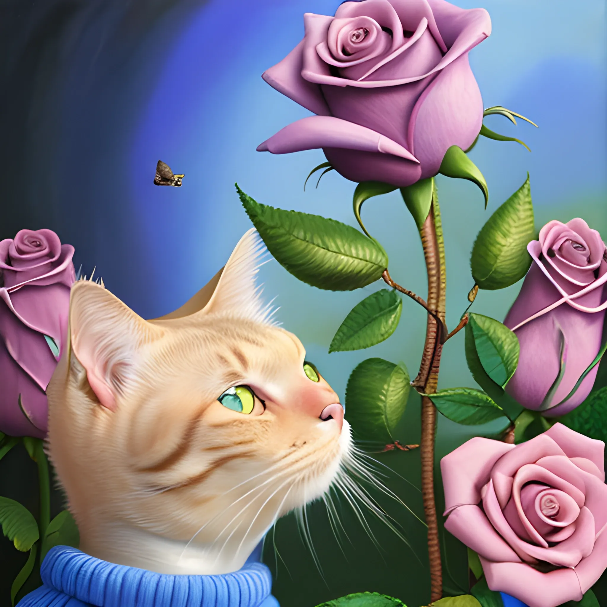 A real blonde cat wearing a blue cotton turtleneck sweater, smelling the rose in the garden, 3D, Trippy, Oil Painting, Trippy, 3D,  close-up 