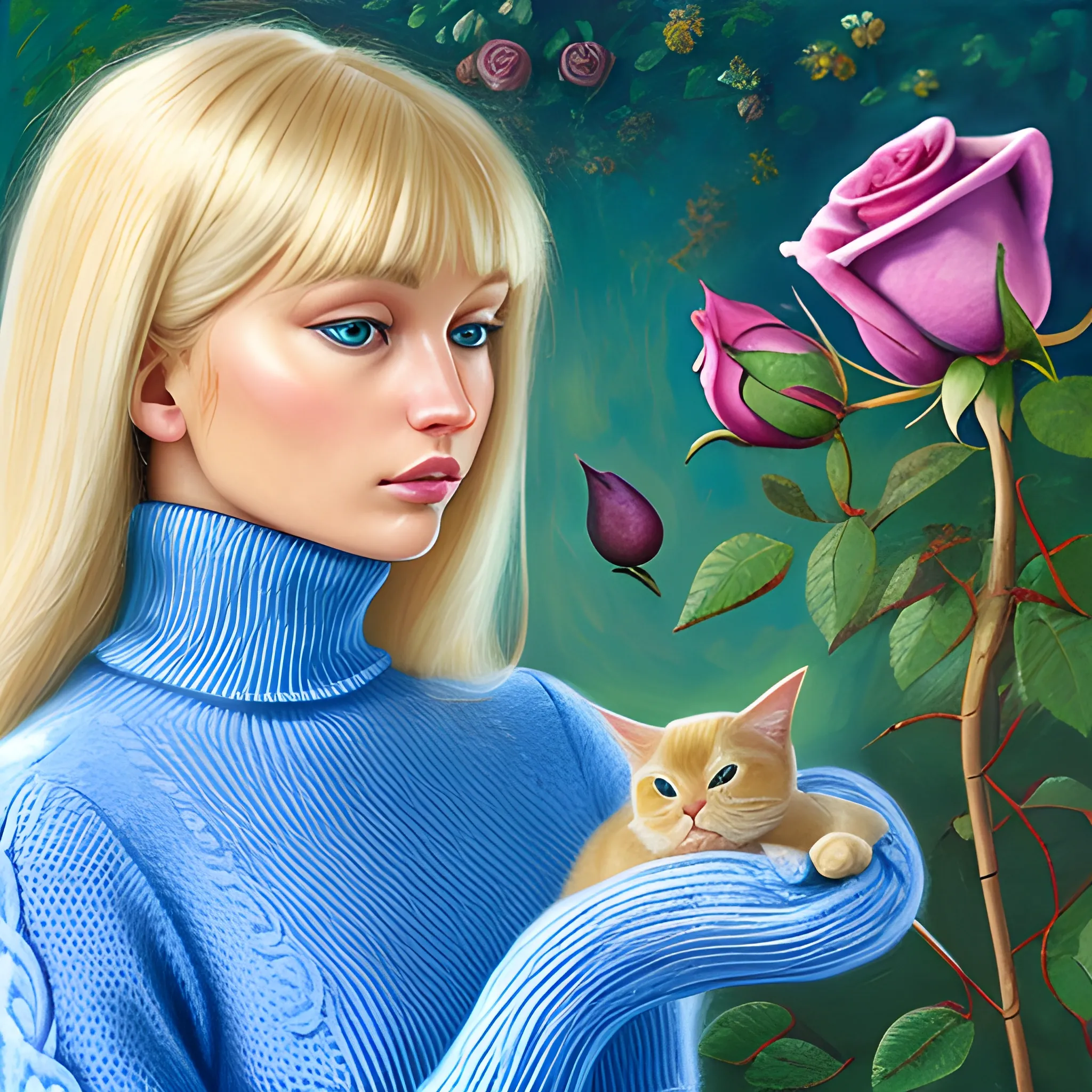 A real blonde cat wearing a blue cotton turtleneck sweater, smelling the rose in the garden, 3D, Trippy, Oil Painting, Trippy, 3D,  close-up 