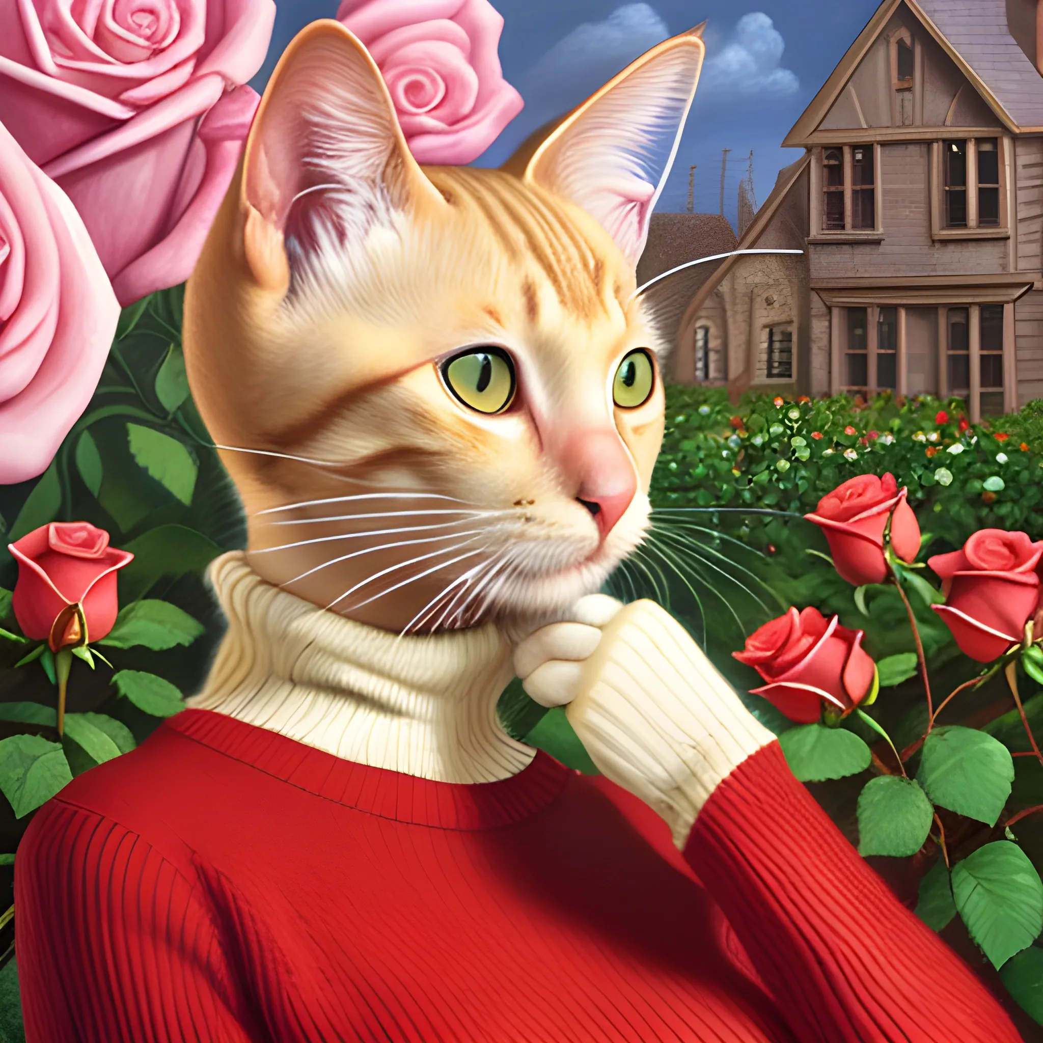 A real blonde cat wearing a red cotton turtleneck sweater, smelling the rose in the garden, 3D, Trippy, Oil Painting, Trippy, 3D,  close-up