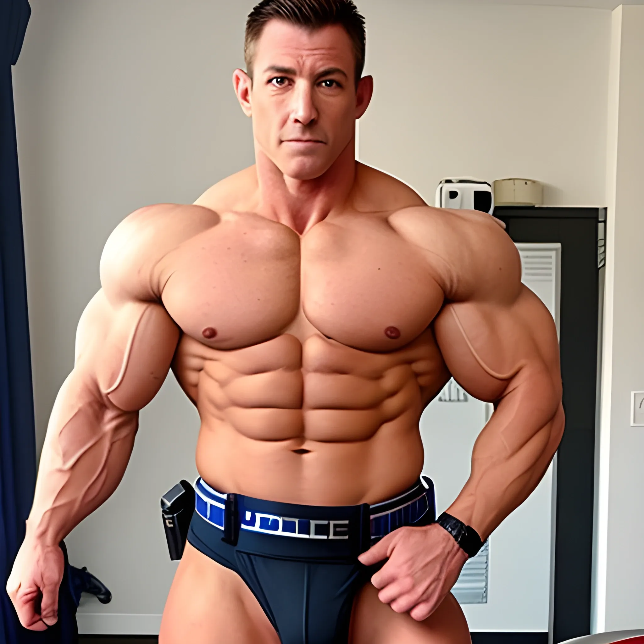 Muscular and sexy police officer wearing only a jockstrap