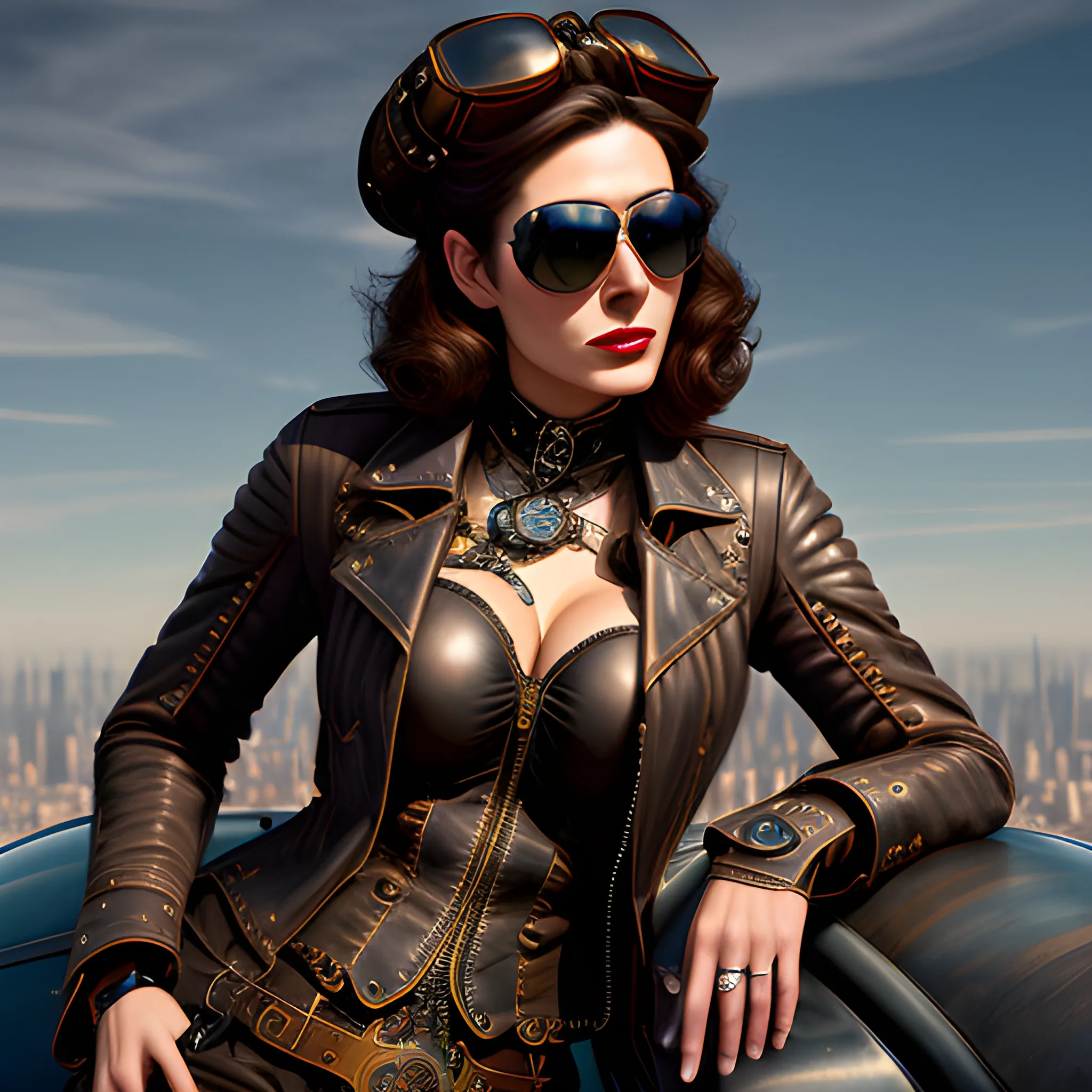  Beautiful AviatorPrompt:best quality, masterpiece, girl, ultra high res, photorealistic, detailed skin, (black steampunk aviator leather jacket), black steampunk aviator leather hut, lounging,