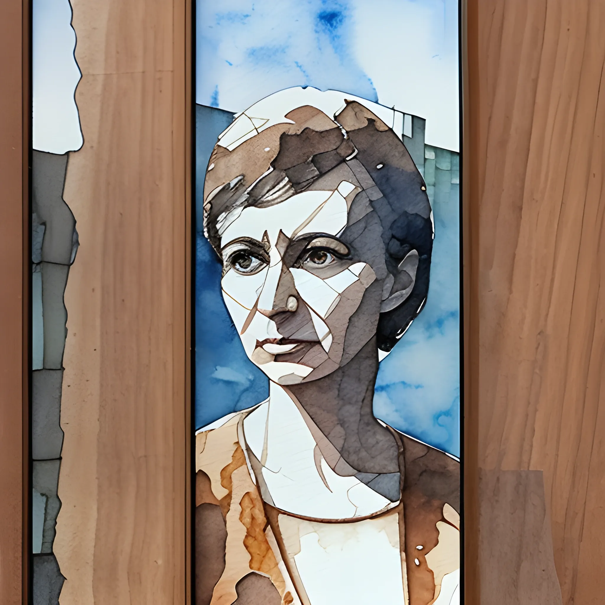 BRUTALIST ARCHITECTURE IN WOOD AND GLASS AND A WOMAN, Water Color