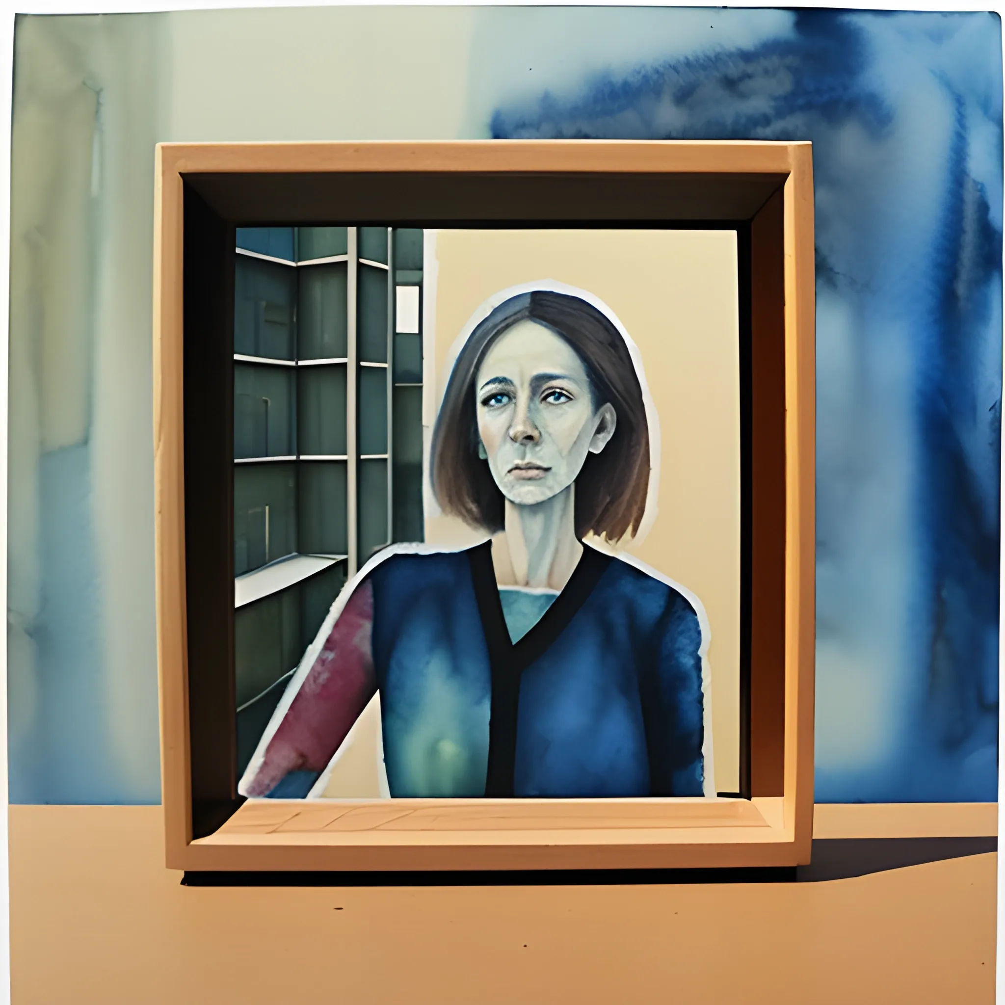 BRUTALIST ARCHITECTURE IN WOOD AND GLASS AND A WOMAN, Water Color, Oil Painting