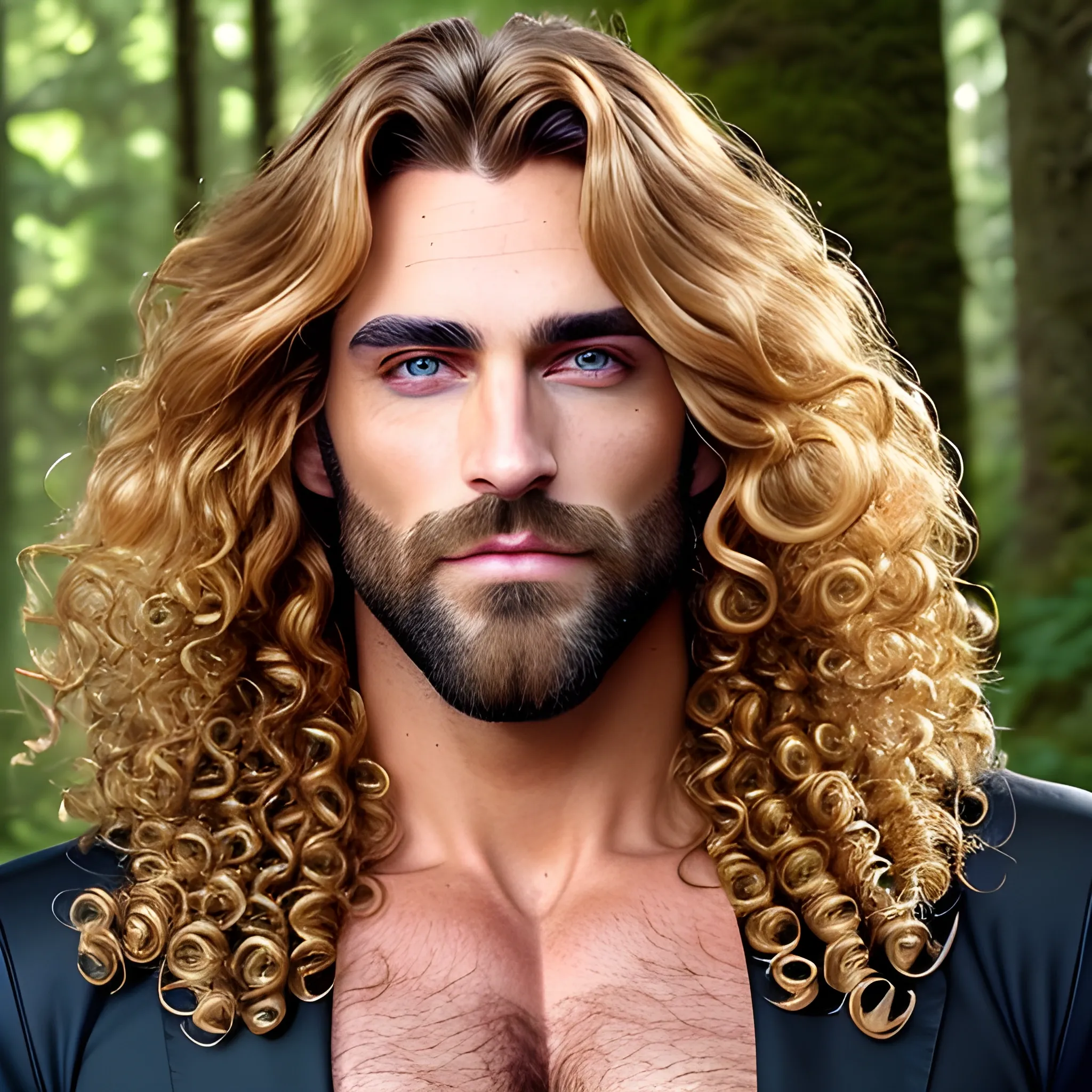 dude in nature,handsome,beauty,muscle, no blurry,dark eyes,hyperealistic stand,german, tanned skin,long curly hair,blondhair,colorfull small tanga with gold details,same facial halves, from side ,happy,whole body with legs,big bulge,clear eyes,huge bulge,hairy,fine details, young,two identical symmetrical eyes,same colofull eyes, stubble ,blond,very long hair