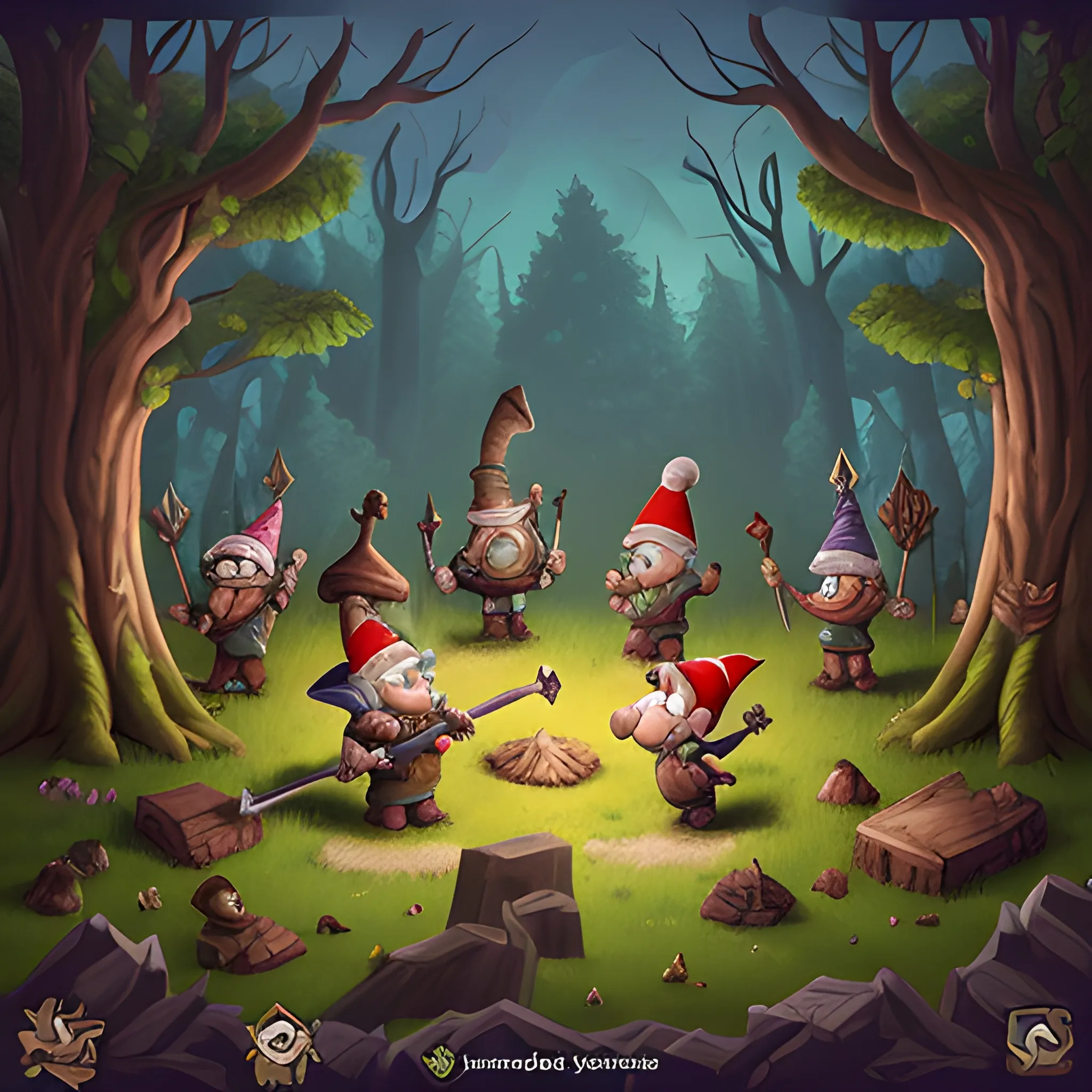 gnomes builders with hammers and swords on the left side fighting corrupted woodland beings on the left side. Forest background, fantasy style, mobile game style