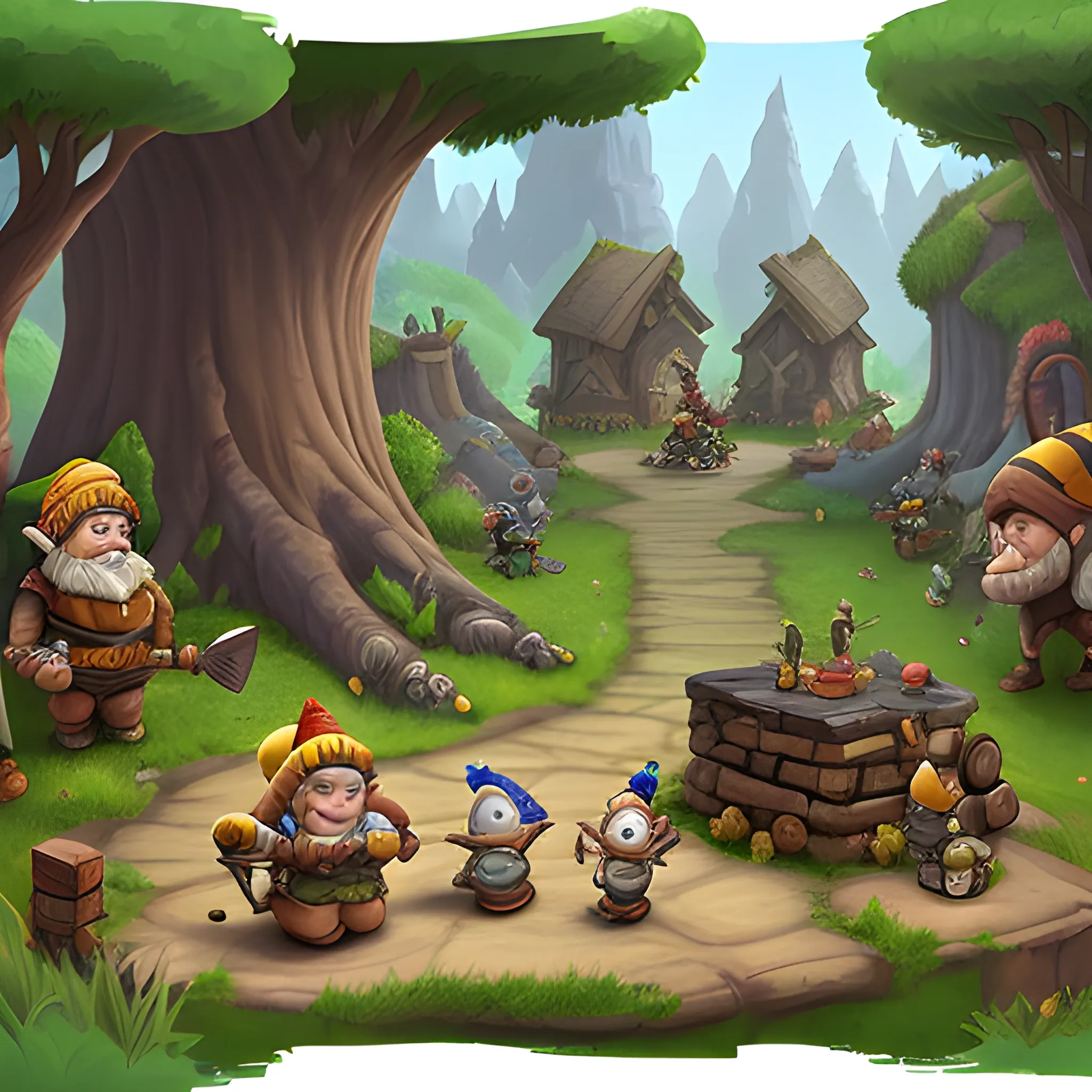 gnomes builders with hammers and swords on the left side, fighting corrupted stone giants, and giant bees on the left side. Forest background, fantasy style, mobile game style