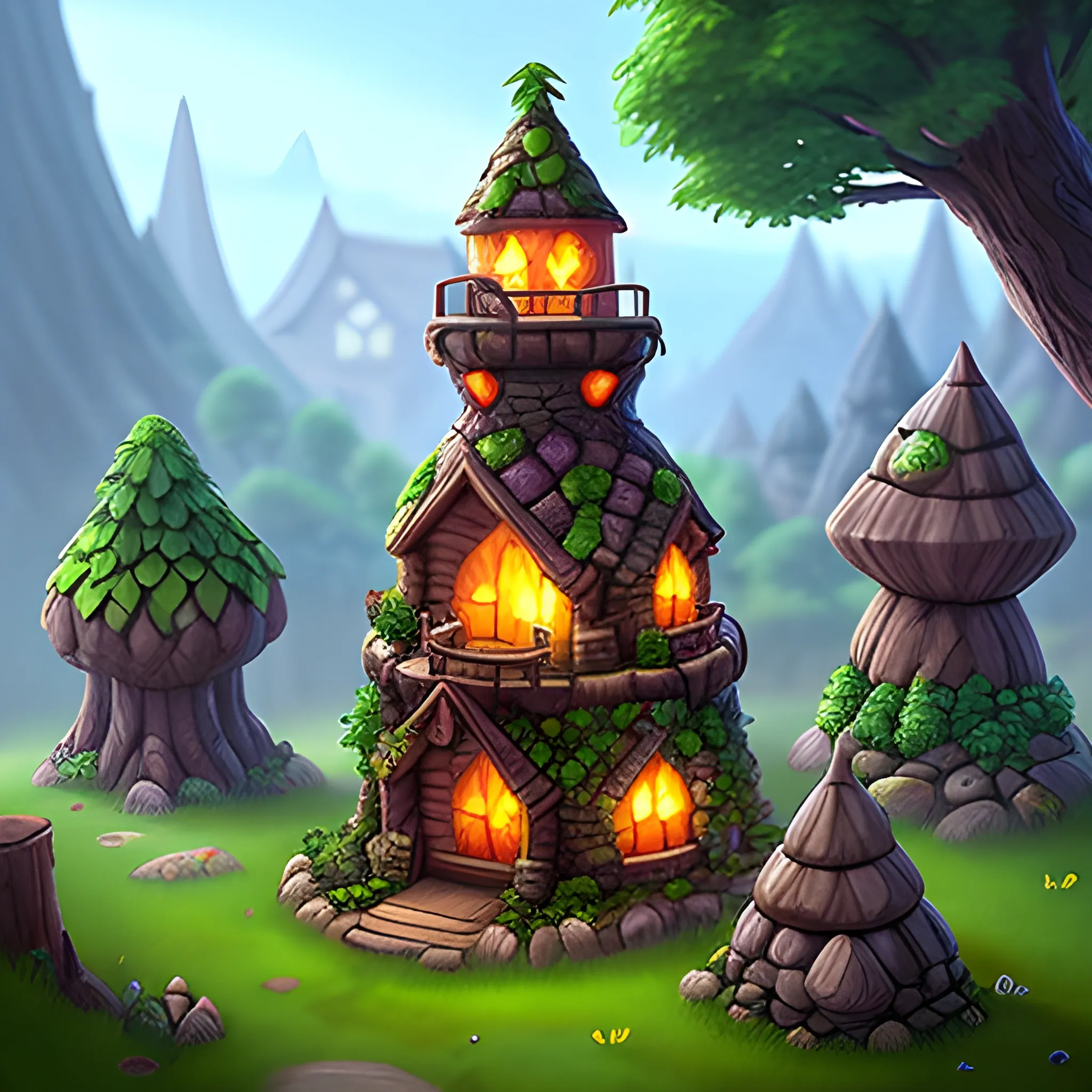 gnomes building elemental towers to protect their village. Forest background, fantasy style, mobile game style