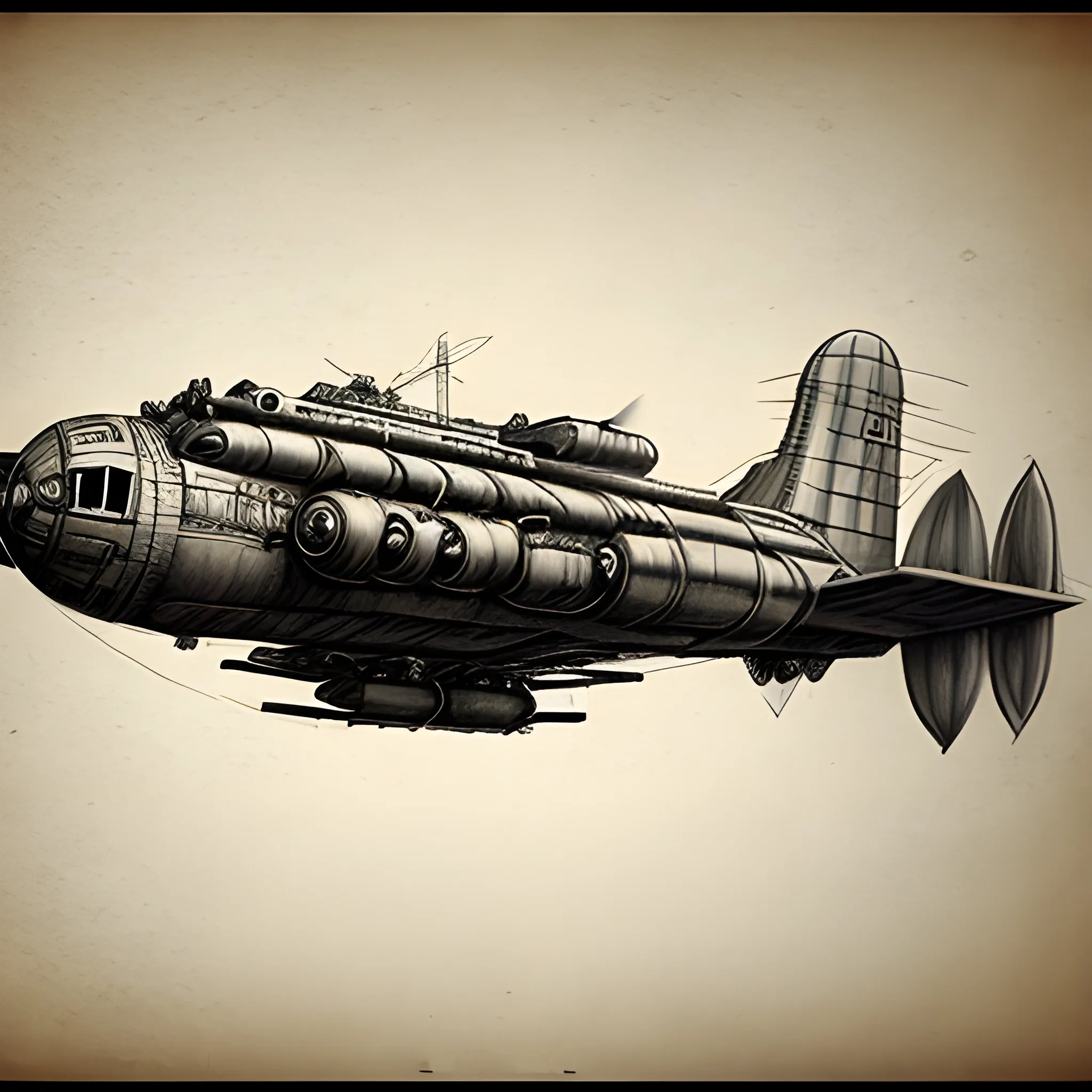 dieselpunk airship best quality gunship in combat , Pencil Sketch