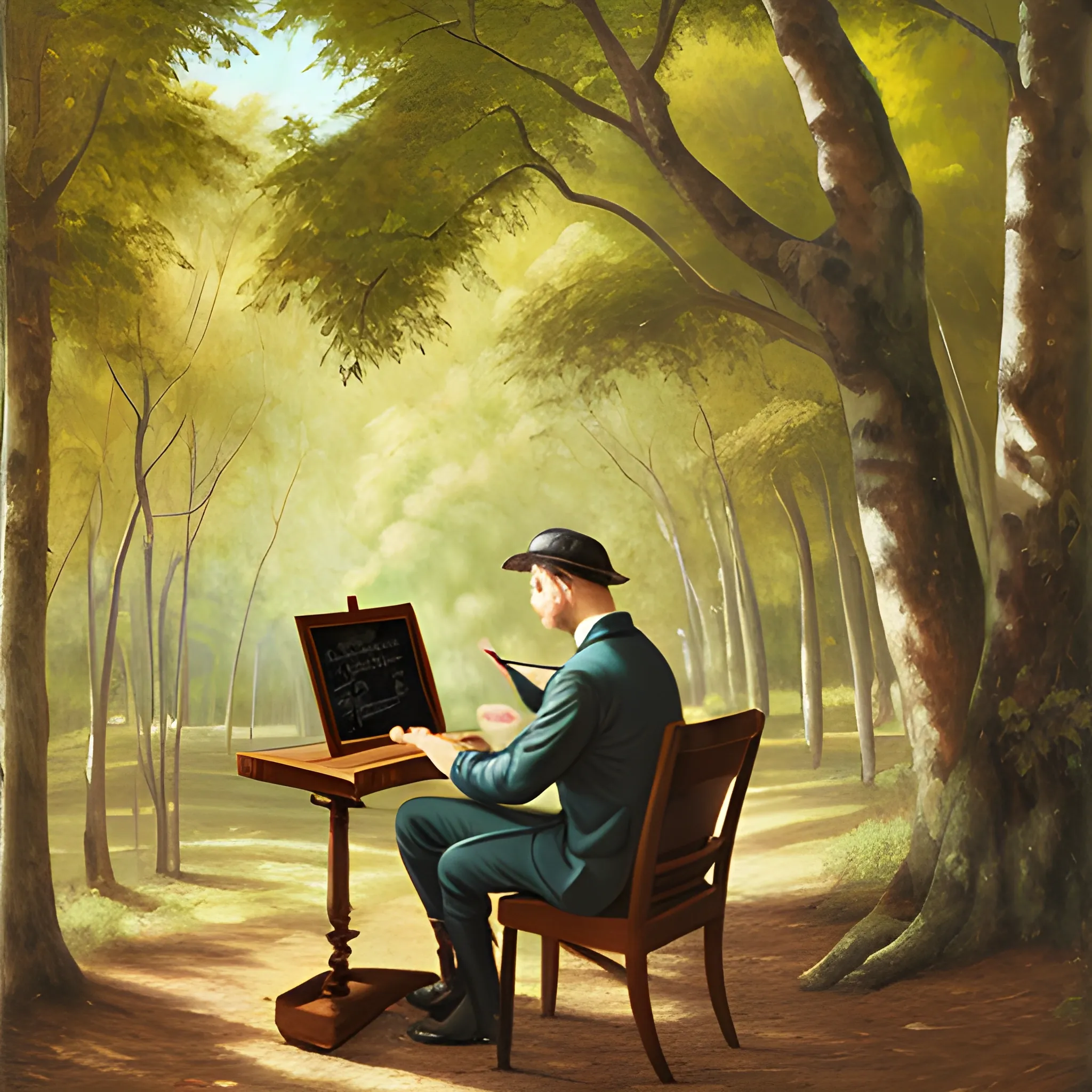 Poeta escribiendo en el bosque, Oil Painting