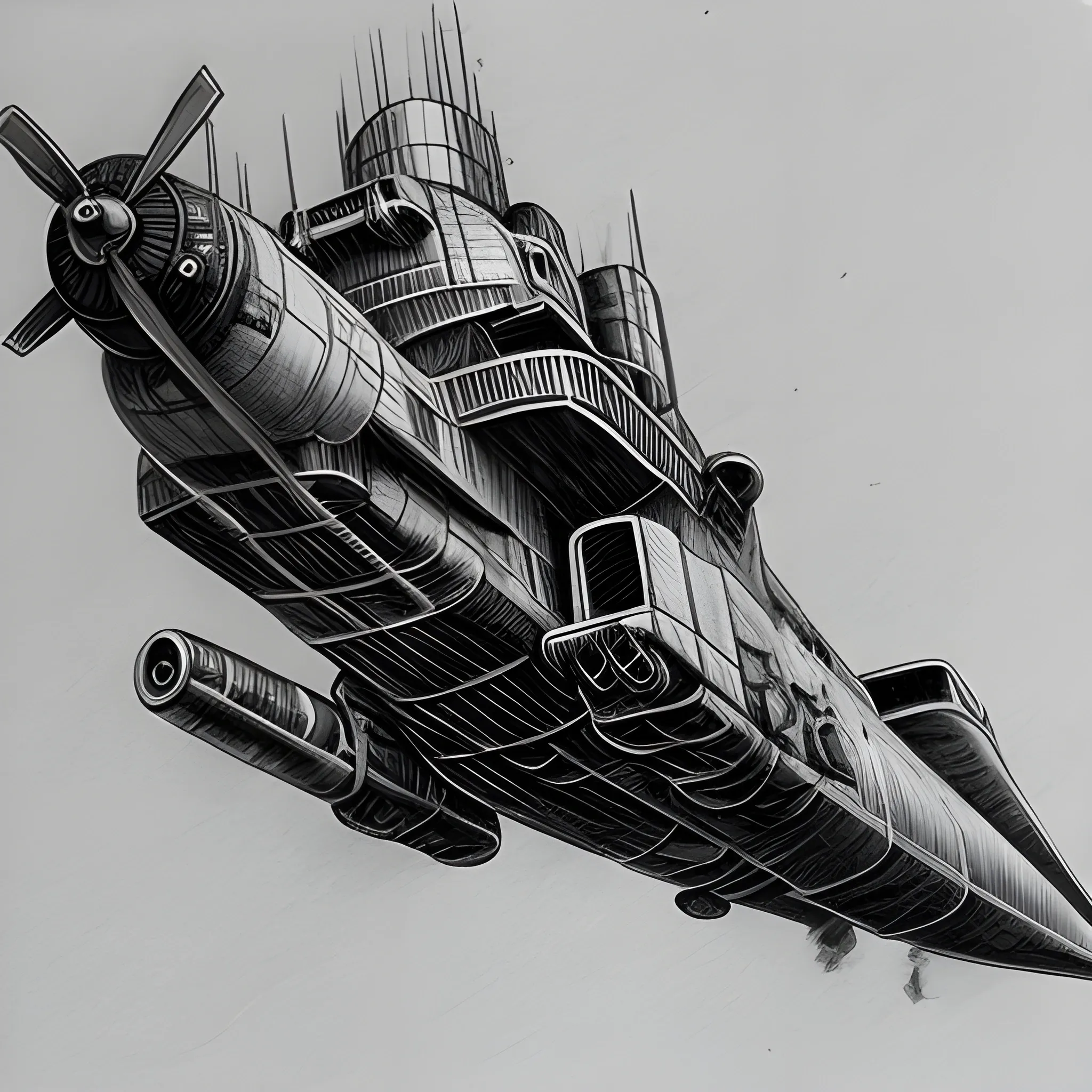 dieselpunk airship best quality gunship in combat , Pencil Sketch