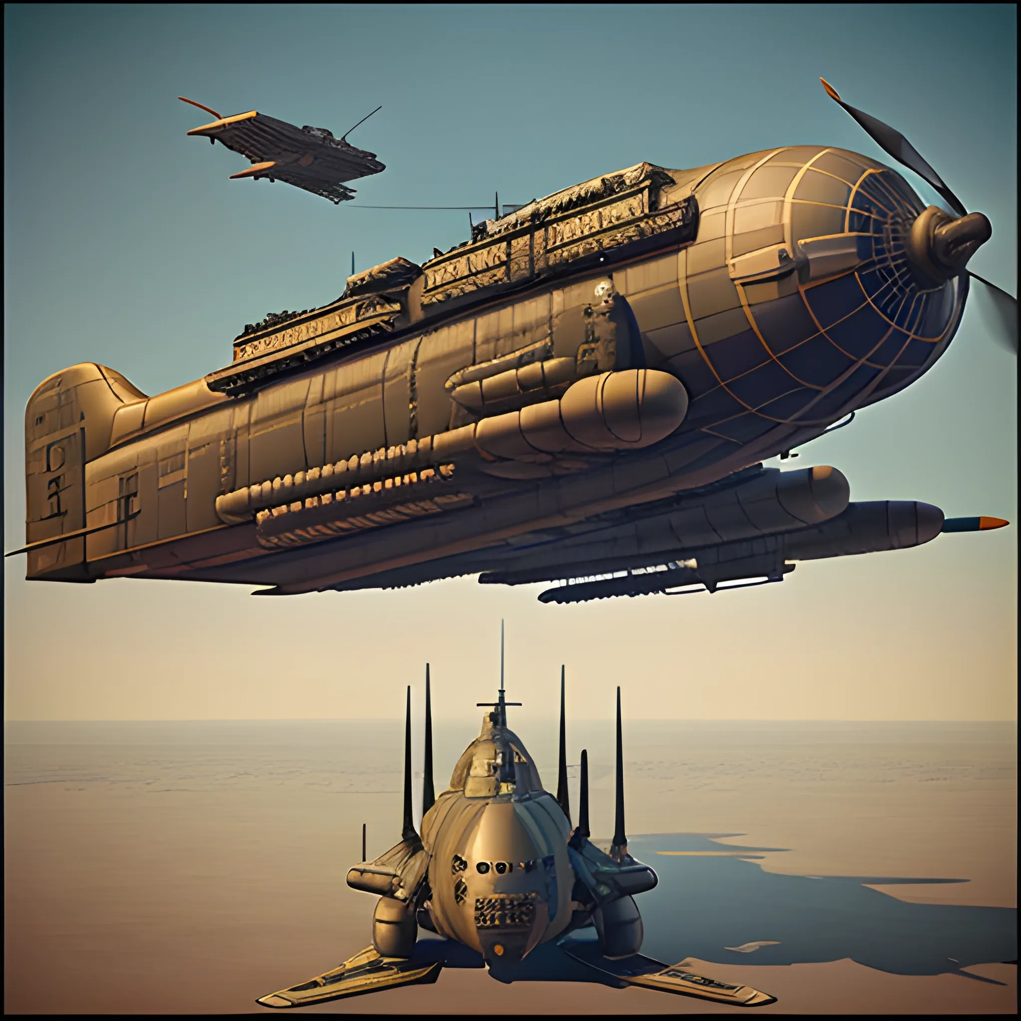 dieselpunk airship, best quality, gunship, in combat , 3D,  firing guns, bomber, shooting, 8k, colored